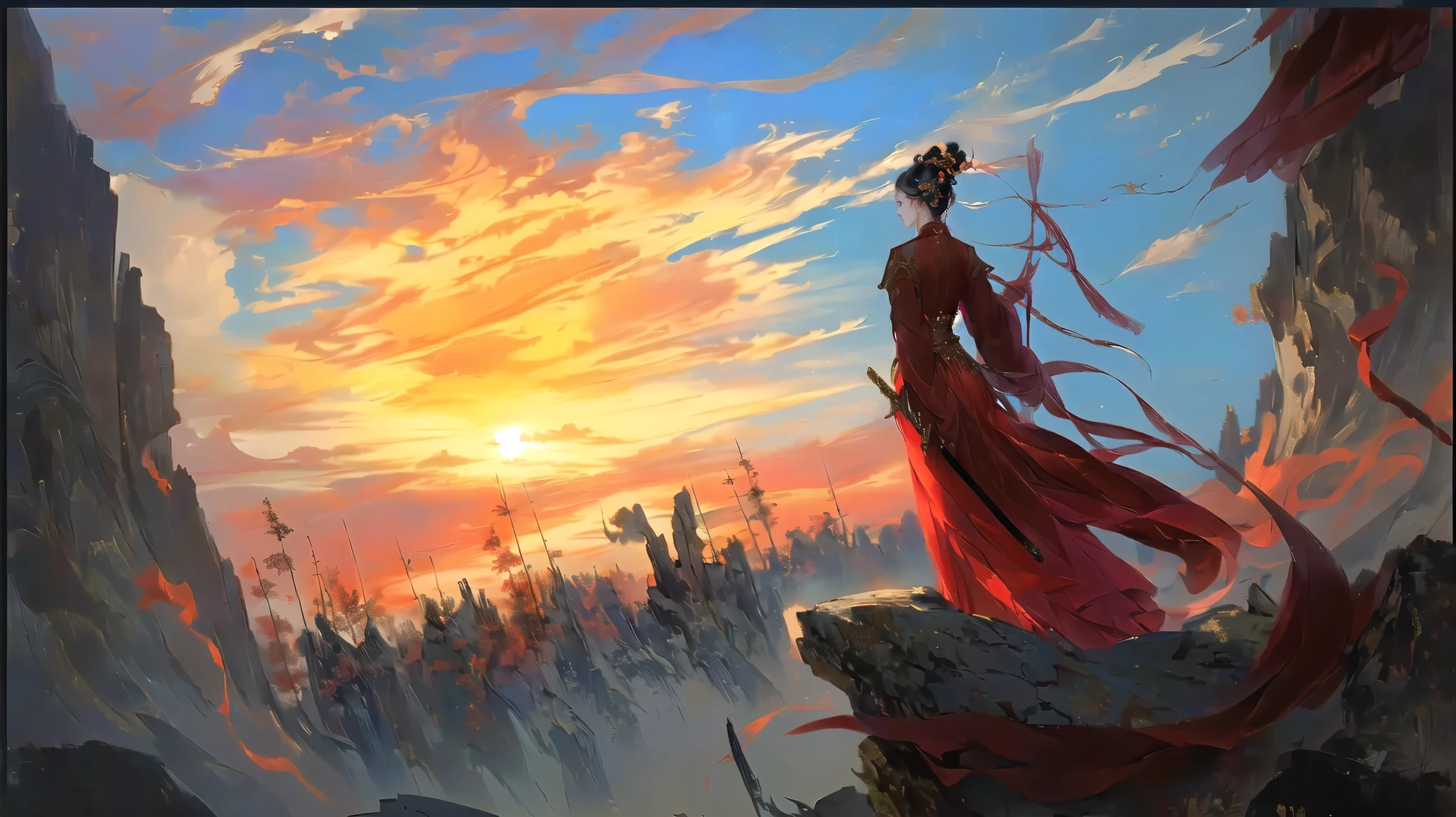 Painting of a woman dressed in red standing on a cliff, author:The J, author:Sun Xie , palace , girl in Hanfu , author:Li Song, Close-up of a woman holding a sword in a painting by Huang Shen, Animated Epic Works , author 王鹗, Inspired by Zhong Fenhua , By Han Gan, Beautiful character painting , by Zou Zhe, 4K HD detail digital art