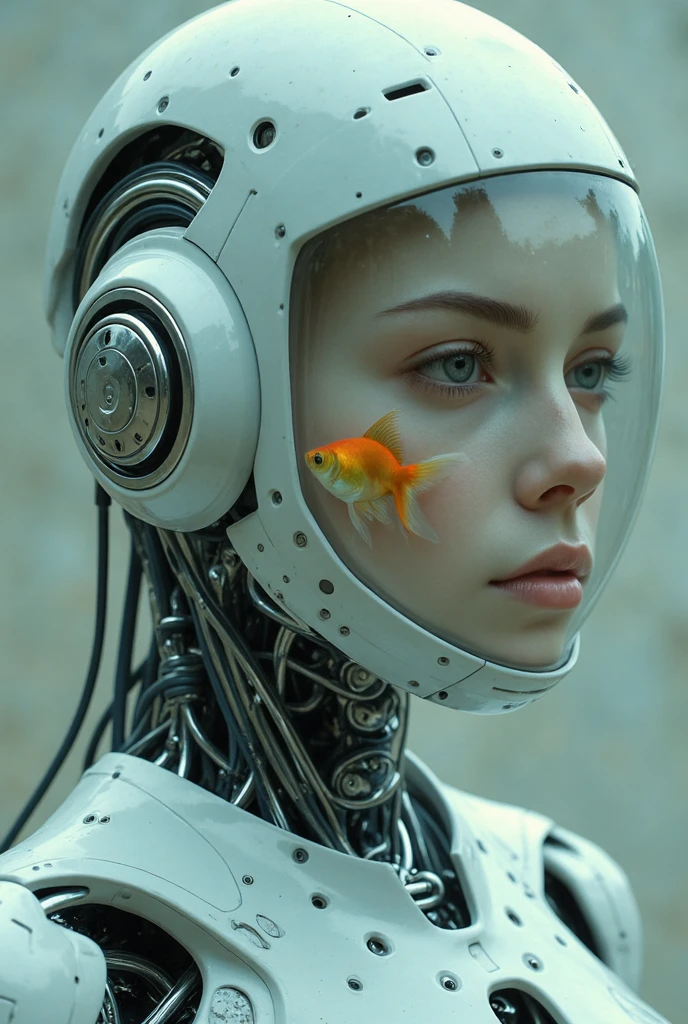 A detailed and intricate futuristic white android with a clear glass helmet piloted by a goldfish, swimming inside the helmet. The android and the goldfish are looking through a glass window in a futuristic building at a beautiful underwater city of corals.