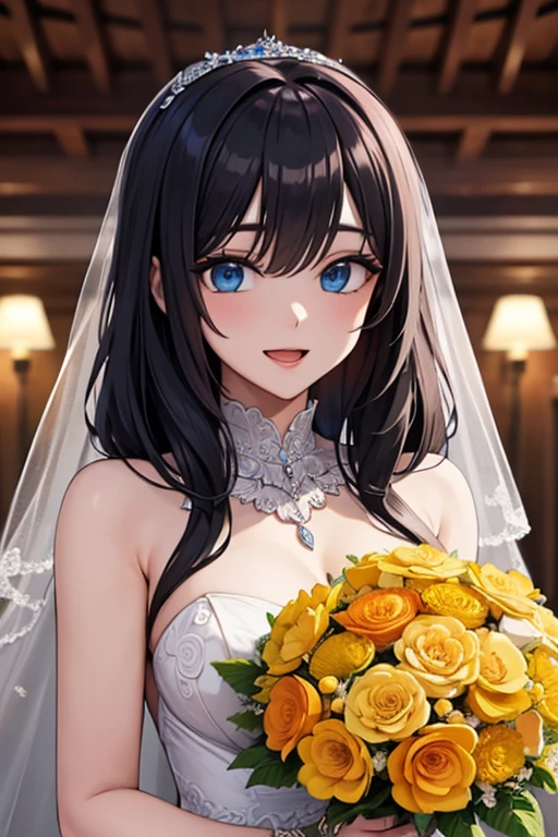 holding a bouquet、Are standing、Upper Body, Realistic, real person, (pale skin: 1.2), RAW photo, photorealistic, portrait photography, shiny skin, shiny hair、(25 year old woman with medium hair with bangs) and (wavy hair) and (brown hair) and (orange eyes), (white) and (Wedding dress、Veil)、smile, open moth, The background is a church、Alone、