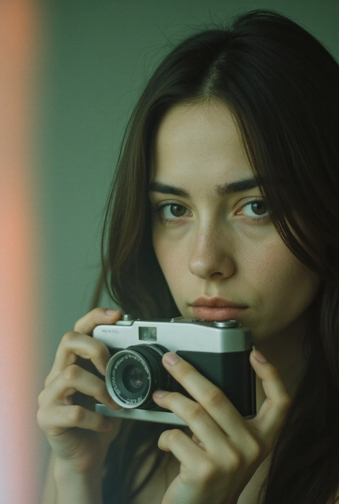 The image portrays a young woman with long, dark hair holding a vintage camera close to her face, partially obscuring one of her eyes. She gazes directly into the lens with an intense, thoughtful expression. The photograph has a distinct cinematic and nostalgic aesthetic, with soft lighting, a grainy texture, and subtle color grading that gives it a vintage, film-like quality.

Subject and Composition
The subject's face is positioned slightly off-center, drawing immediate attention to her sharp and expressive features. Her dark, well-defined eyebrows frame her deep-set eyes, which are slightly shadowed, adding to the introspective mood of the image. Her lips, which are slightly parted and tinted a natural red, contrast subtly with her smooth, pale skin. Strands of hair fall loosely across her face, reinforcing the unposed, organic nature of the portrait.

The camera she holds is an older model, silver and black with a rounded lens, possibly a vintage point-and-shoot film camera. Its reflective surface catches some light, making it a noticeable focal point. Her fingers gently rest on the camera's body, showcasing her relaxed grip, suggesting familiarity and comfort with the device. The camera partially obscures her left eye, creating an artistic and symbolic interplay between the act of capturing an image and being observed.

Lighting and Color Tone
The lighting in the image is soft and diffused, casting a gentle glow on the subject’s skin. There are no harsh shadows, which enhances the ethereal quality of the portrait. The overall color palette consists of muted greens, blues, and sepia tones, adding to the vintage ambiance. A slight light leak effect, visible on the left edge, introduces warm, reddish-orange hues, reinforcing the analog film aesthetic.

Depth and Focus
The background is blurred, placing the emphasis entirely on the woman and her camera. This shallow depth of field isolates the subject, directing attention to the details of her face and the textures