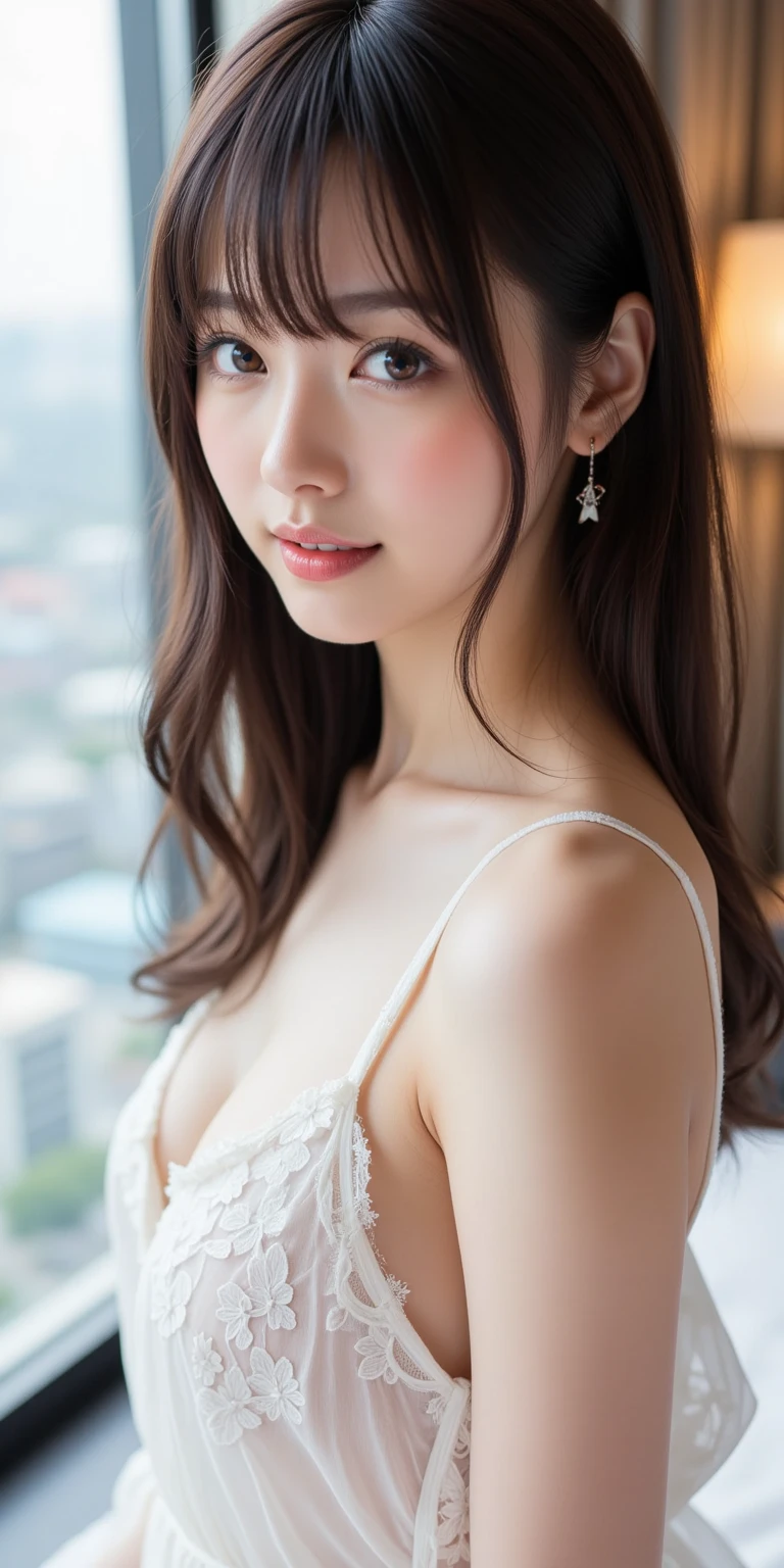Close-up of a woman in a purple transparent thin lace bra posing for a photo on the rooftop of a luxury condo at night. short hair with bangs Most beautiful Thai model, Thai girl, cute smile, friendly seductive smile. Thai model, Thai girl, beautiful Thai girl, seductive smile. With a seductive smile, Yoshitomo Nara Yunling, beautiful girl, Thai girl, Thai goddess, beautiful, good figure, model, big breasts, very beautiful smile, Thai girl, Thai model, Thai model, gravure idol