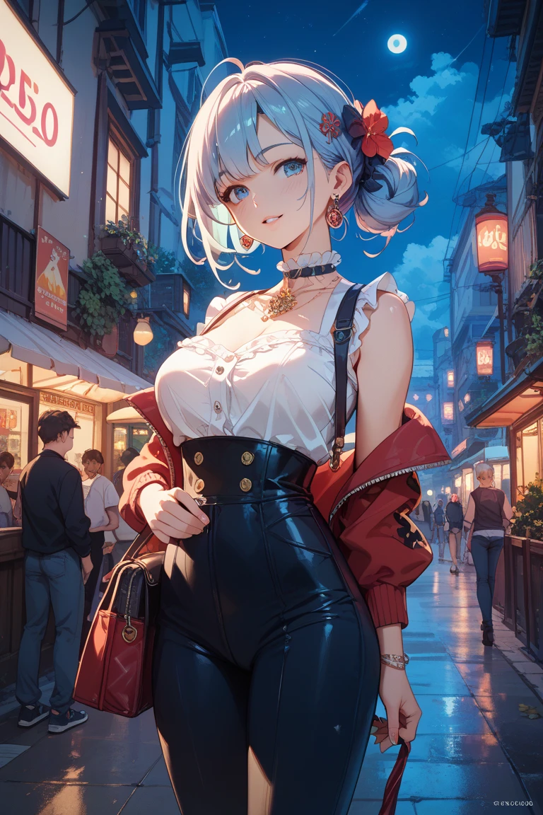 A woman with long, untied white hair, with bangs, a black bow on her head, black round glasses with a candy in her mouth, a plain blue shirt, a short white skirt, her back turned in the middle of the city at night.