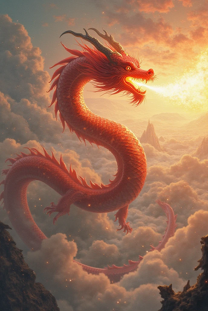Masterpiece,High Resolution,Best Composition,Dynamic Composition,Photorealistic,red Dragon (Chinese Style) Flying Toward Heaven,Shining Rainbow Colors in the Sun,Divine,Good Luck,Happiness.