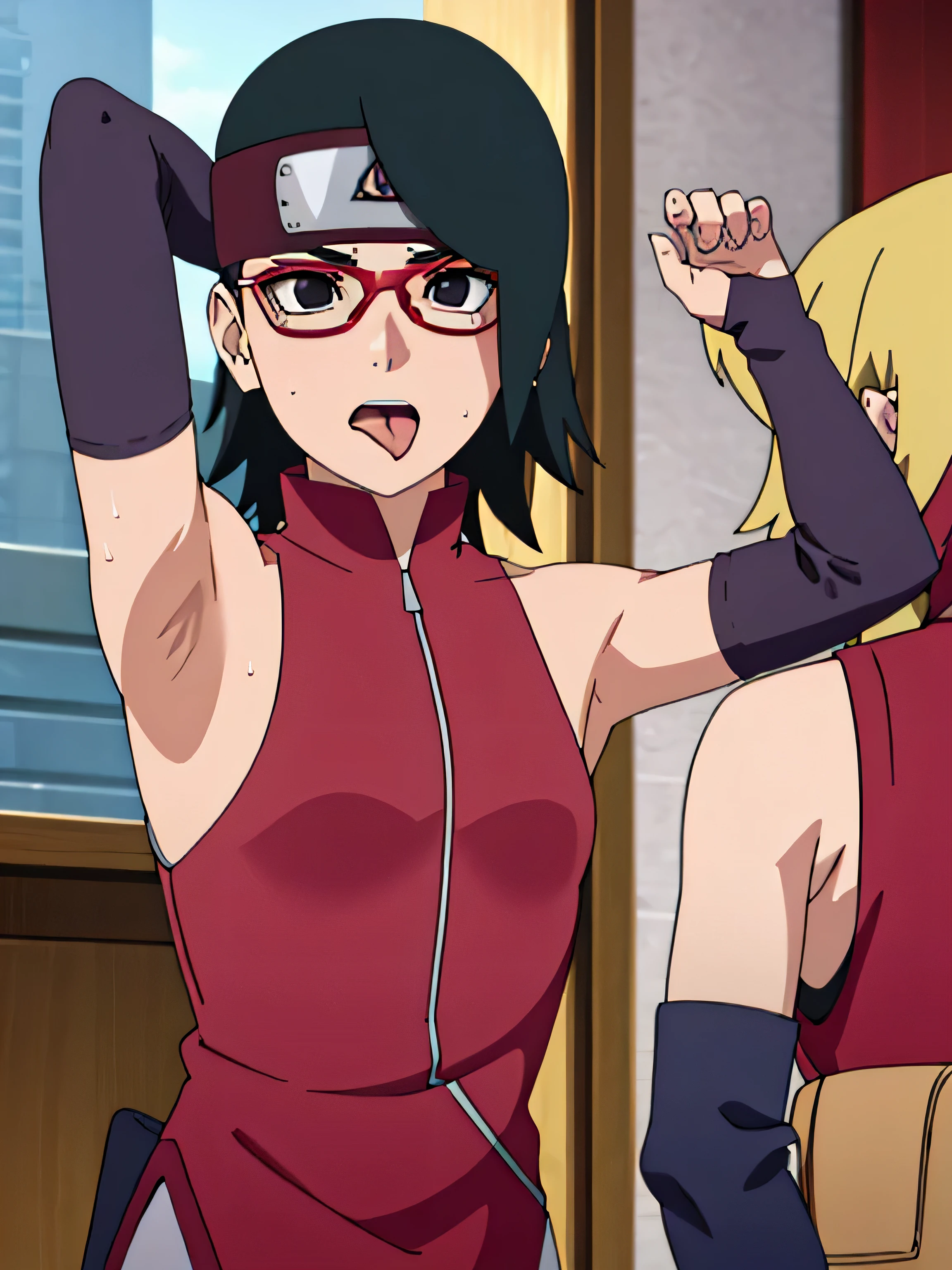Sarada Uchiha,human woman with fair skin. She is a r with black eyes and red clothing. Her hair is black in color; She is beautiful.Wearing red rimmed glasses.Tsundere face. Pink eye shading,mature appearance,armpits,sweat,sweaty,sweaty armpits,arms up,showing armpits,awesome armpits,outfit,blackish red arm warmers,maroon arm bands,maroon arm warmers,showing tongue,tongue out,wearing Konoha headband.
