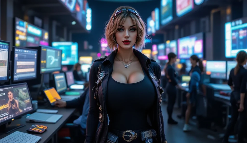 (highest quality、4k、8k、High resolution、masterpiece:1.2)、Super detailed、(Real、Photorealistic、Photorealistic:1.37)、SF、Portrait、treasure hunter、Ancient Ruins in Space、Beautiful Face、Ideal proportions、Big Breasts、Bra Top、Beautiful long straight hair in a single braid、blonde、Dynamic pose、A revealing holographic outfit、Dynamic angle、Bright colors、Studio Lighting、natural breasts