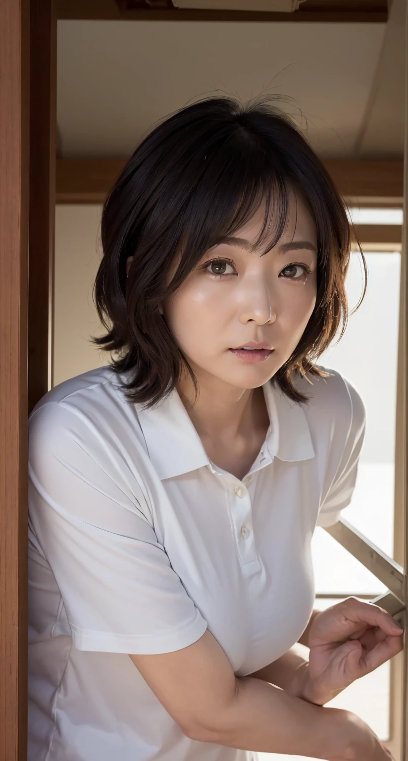 (((One girl,alone))),(Highly realistic photos, High resolution, Detailed face, Beautiful Eyes) Japanese women, 21 years old, Cute face, alone:1, Nice body, Plump figure, Medium chest, Narrow waist,Hairstyle, Very closely tied, Take a photo book,Thighs、Dark Sky、darkness、Blade Runner,shirt、walk