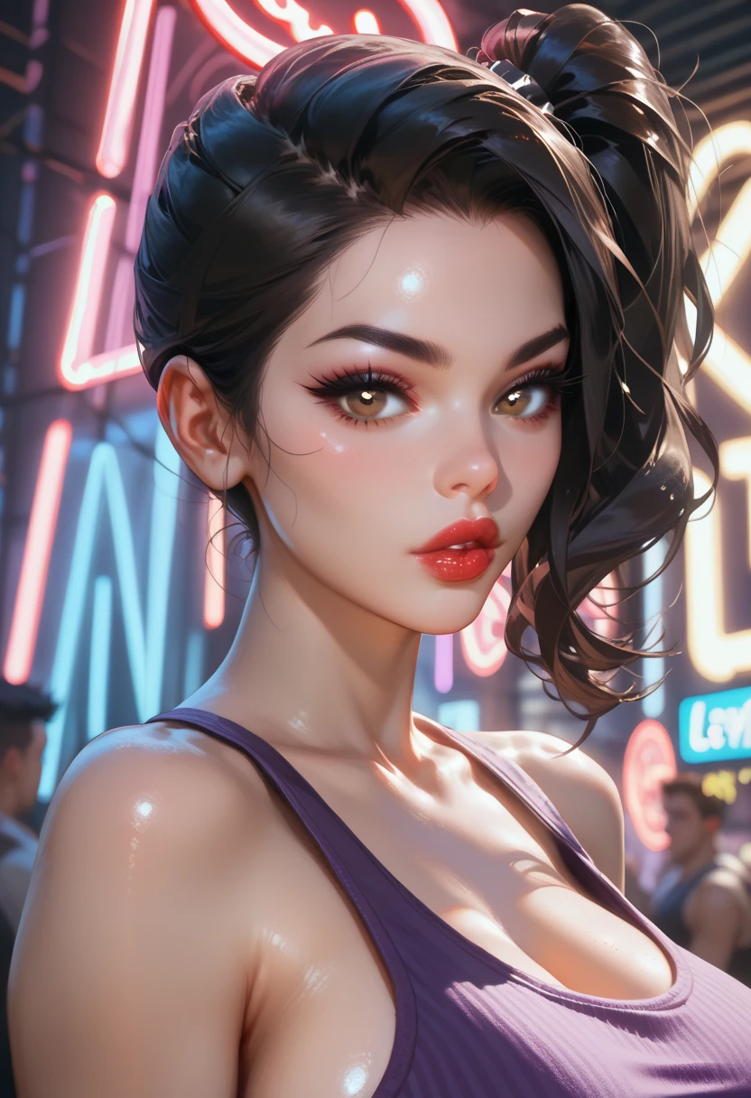1 girl, tanned skin, black long hair, large ass, red latex dress, full lips, long eyelashes, pretty eyebrows, soft skin, black velvet choker, night, neon lighting, diamond earrings, blue eyes, leaning on table, ultra-realistic, 8k, cinematic lighting, dramatic atmosphere, intricate details, chiaroscuro, moody colors, glowing skin, sultry expression