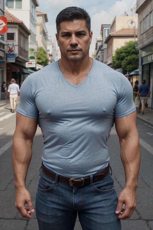Obra maestra, mejor calidad, ultra detallado, 1 hombre, macho maduro, muscular, pedazo, bara, deportista, carne de res, negro skin, negro, piel bronceada, latino, 36 years old, negro hair, gray fur, barbas de chivo, cabello demasiado cortado, mirando al espectador, serious expression, camiseta gris, cuerpo completo Jeans
