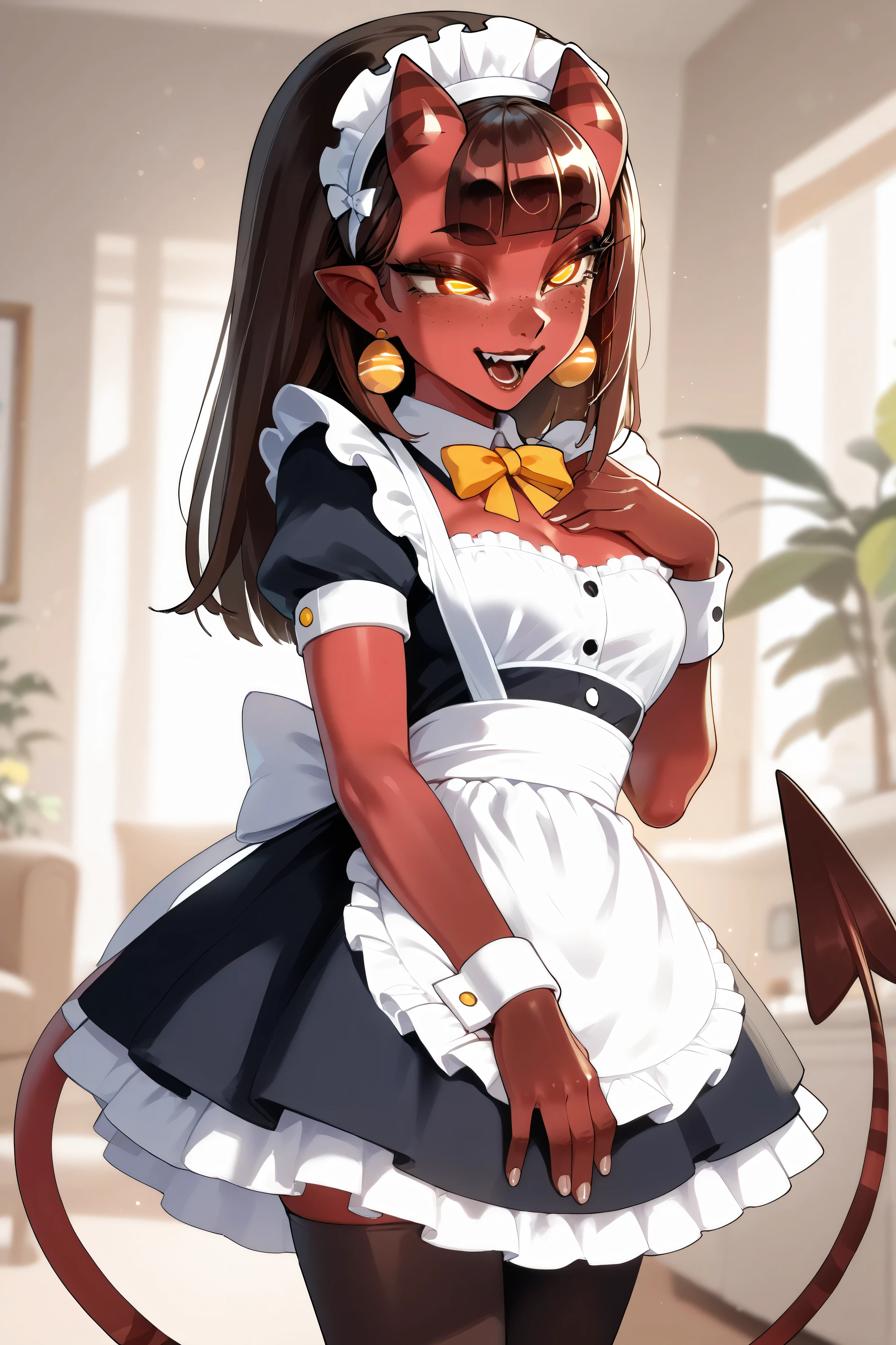 Meruccubus from "Merunyaa" oficial artist, red skin, succubus, yellow eyes, BROWN HAIR
ultra detailed, absolutely high resolution, masterpiece;
(maid outfits. she is standing, looking at a super tiny 2cm dildo in her hand, laughing at how small it is)