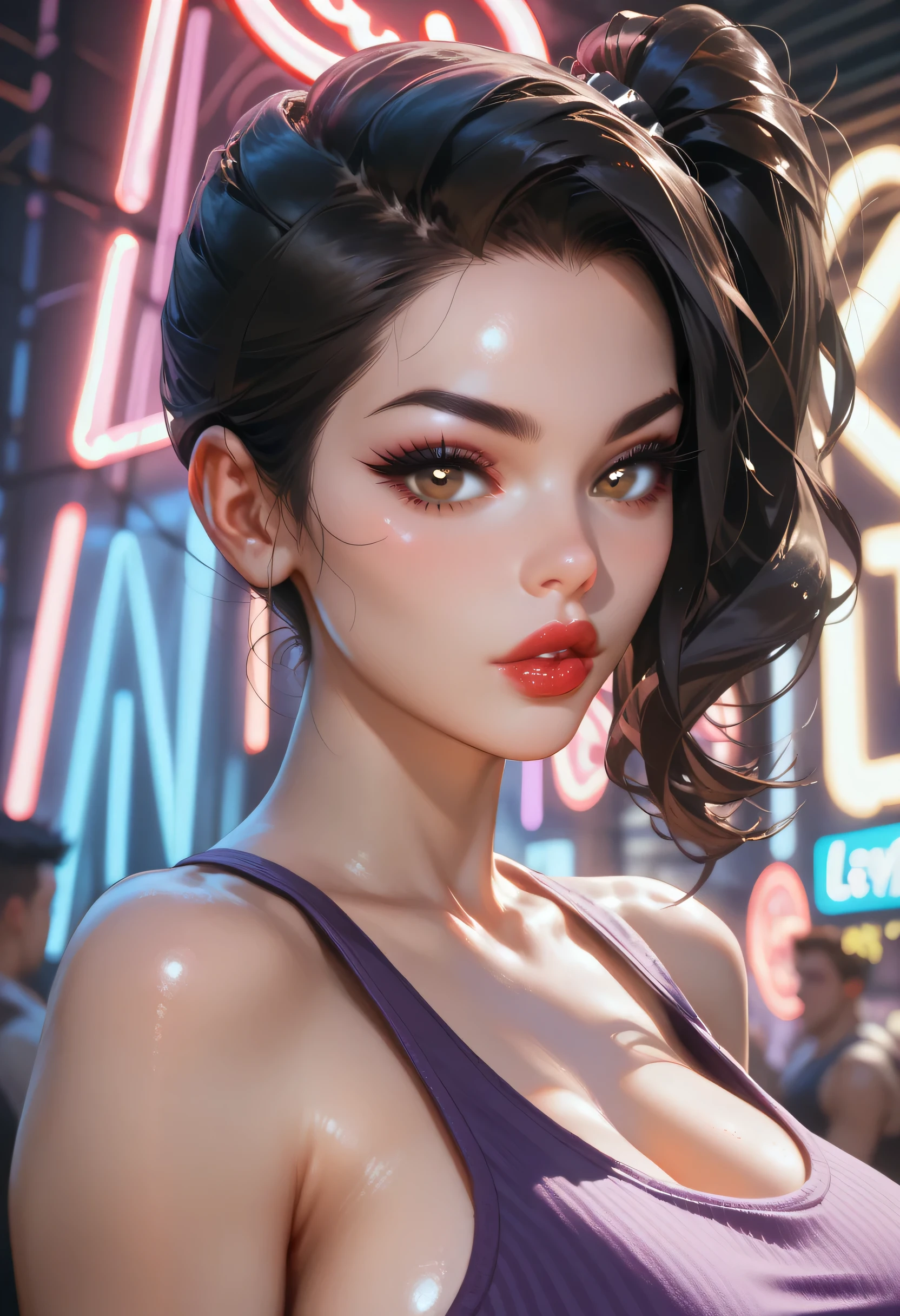 woman, (perfect face), detailed pupils, side ponytail, black hair, black thin eyebrows, brown eyes, purple eyeshadows, black eyeliners, nose, dark red lips, thick lips, parted lips, tank top, purple tank top, large breasts, ((neon light))
