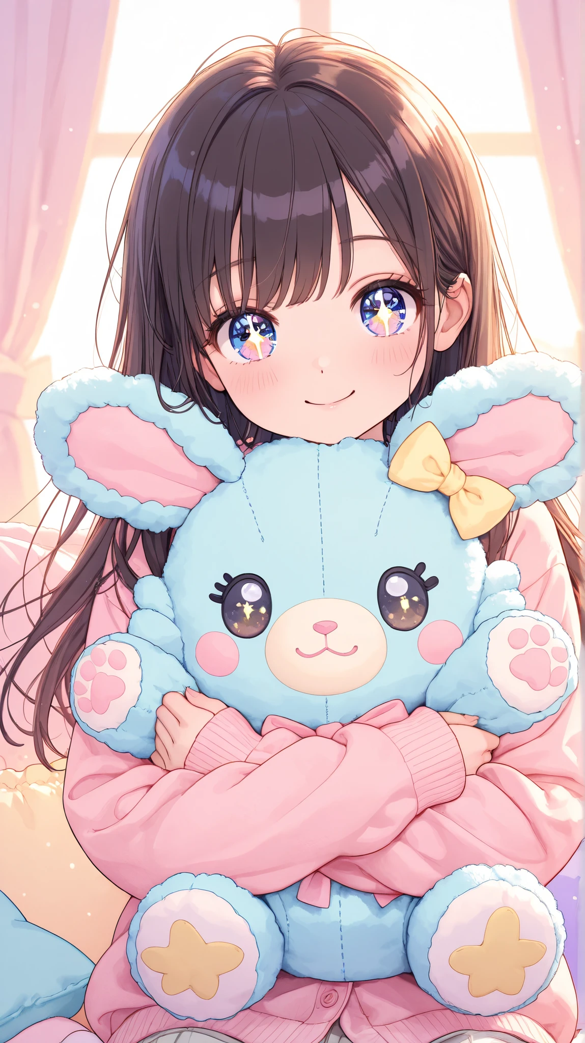 Adorable Girl, Soft Plush Toys, Cozy Atmosphere, Warm Lighting, Big Sparkling Eyes, Cute Smile, Hugging Plushie, Pastel Colors, Fluffy Surroundings, Playful and Happy Mood, Whimsical and Dreamy, Delicate Details, Charming and Heartwarming Scene