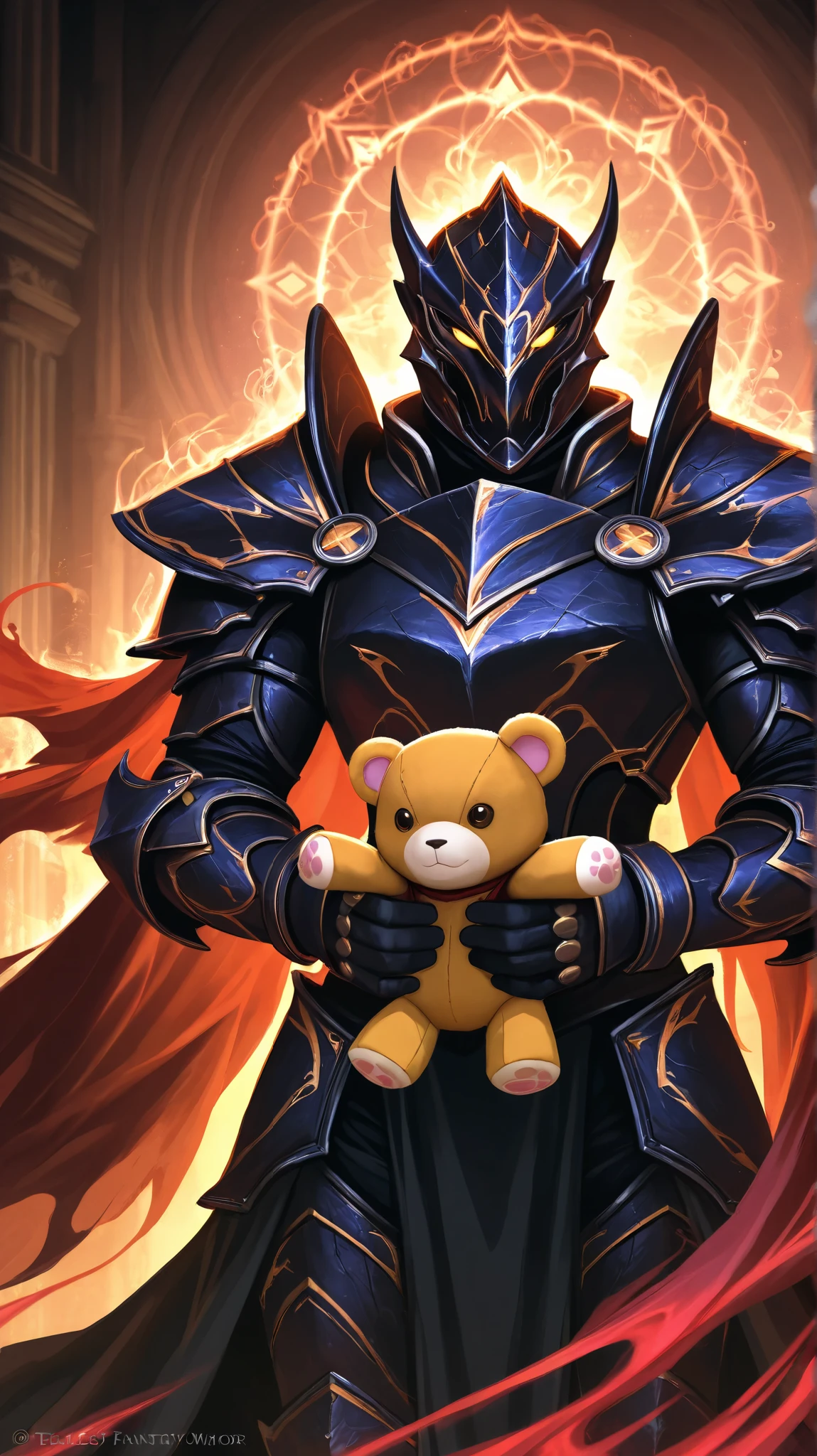 Fearless Fantasy Warrior, Battle-Ready Armor, Flowing Cape, Holding Plush Toy, Strong Yet Gentle, Enchanted Atmosphere, Mystical Glow, Ethereal Background, Magical Aura, Contrasting Toughness and Softness, Symbolic and Emotional Moment, Cinematic Lighting, Epic Yet Whimsical