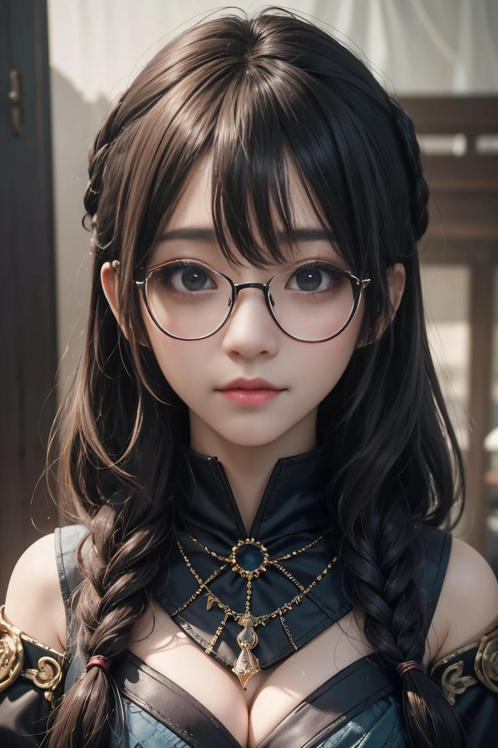 petite girl , hanbok , nipple , nsfw , Long hair , Delicate and beautiful eyes , Realistic: , Highest quality , Masterpieces , Scattered hair , Black background , spectacled , portrait of a