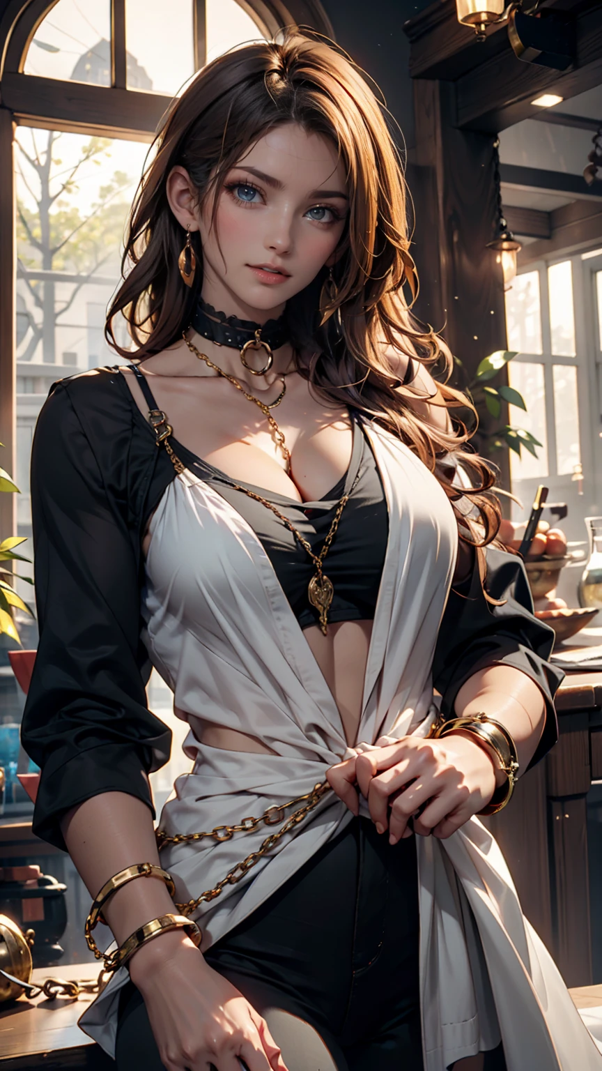masterpiece, High resolution, screenshot, Highest quality, One girl, (Scar on left eye), White cropped jacket, Very detailed, Three-part method, jewelry, Long Hair, bangs, Hair between the eyes、24-year-old female、Sexy proportions、Sexy、Narrow waist、Chain accessories on the waist、Wear accessories on your wrist、In the Taiwan market