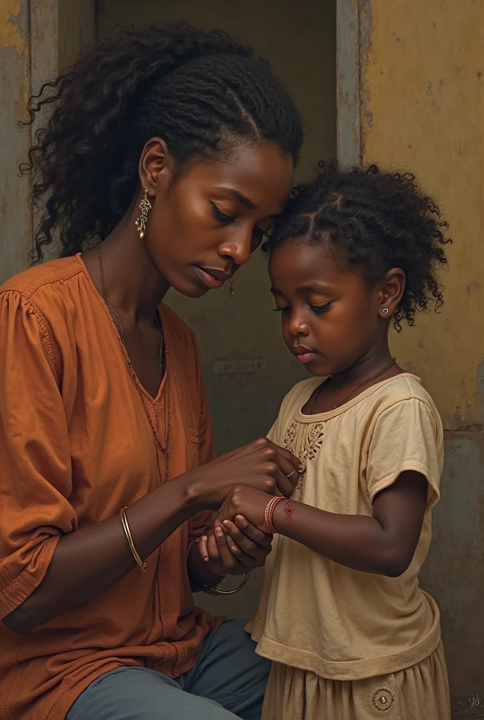 Une jeune fille noire de (18ans) a abobo en tenue( chemise blanche et jupe bleu) d’école ivoirienne triste et pleure parce que c’est parents refusent de la scolariser et sa maman assise à côté d’elle la console