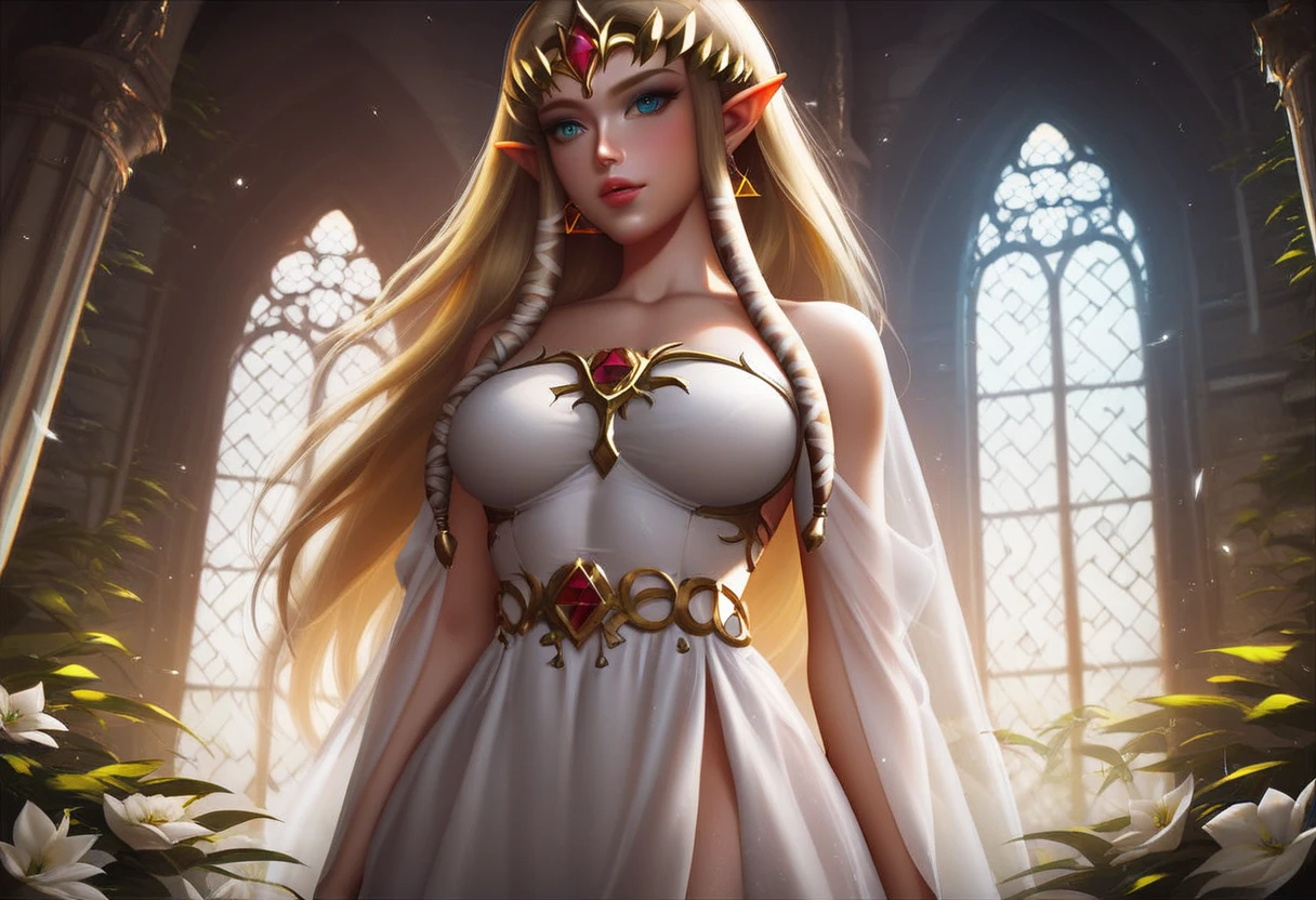A noble half-elf girl, beautiful detailed eyes, beautiful detailed lips, extremely detailed face, long eyelashes, elegant red blood dress, luxurious jewelry, graceful posture, magical aura, ornate ballroom, crystal chandeliers (best quality,4k,8k,highres,masterpiece:1.2),ultra-detailed),digital painting, cinematic lighting, dramatic shadows, warm color palette