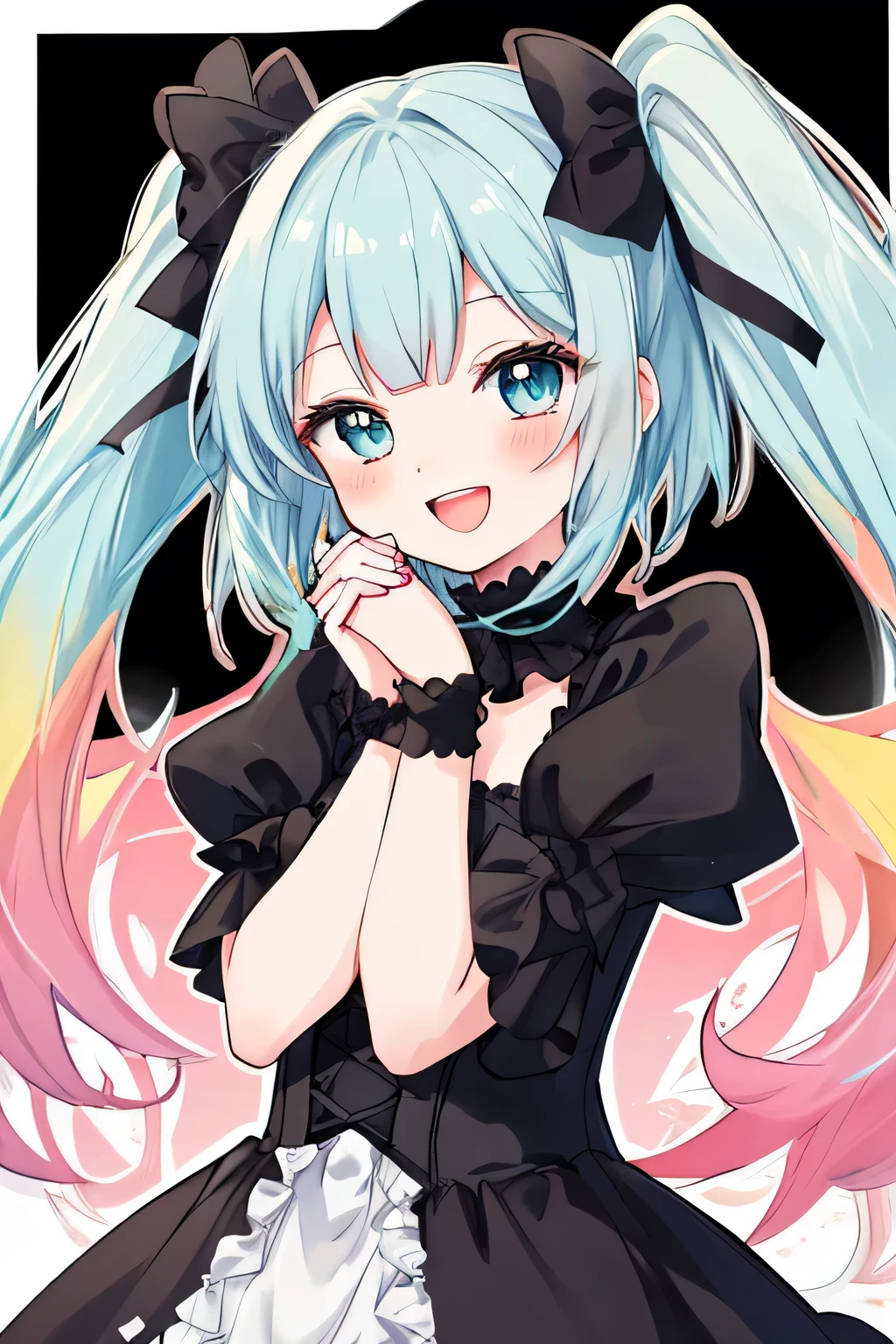 clean anime outlines, Anime-style illustration of a cheerful young girl with light blue hair, twin tails, voluminous curled ends. She has blunt bangs cut evenly across her forehead. Her eyes are heterochromatic—one red and one gray.
She has a bright, open-mouthed smile, and her hands are delicately clasped together near her face in an excited pose. She wears a gothic-style black dress with subtle ruffles and a ribbon accent. The background is minimalistic and light-colored, emphasizing her charming and energetic aura.