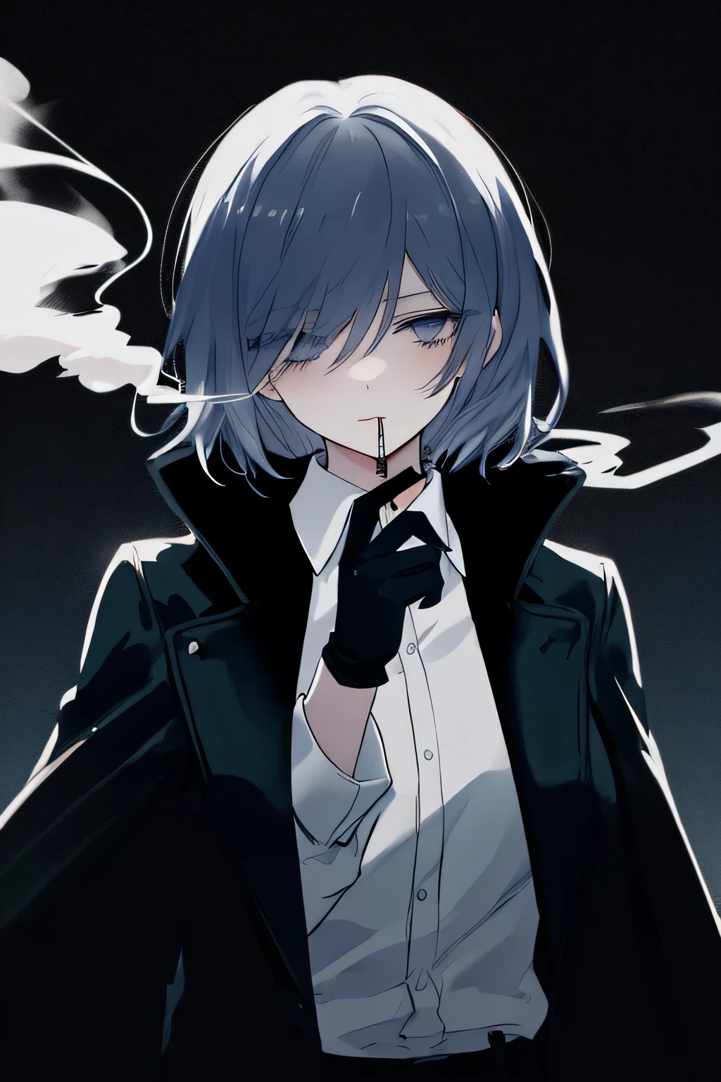 clean anime outlines, anime-style illustration of a cool and mysterious young woman with (dark blue hair), medium-length hair.
Her deep violet eyes have a slightly sleepy yet confident look, and her cheeks are faintly flushed. Her outfit consists of a stylish black leather coat over a white collared shirt, giving her a sophisticated yet rebellious aura. She wears black gloves, holding a cigarette between her fingers, and exhales a wisp of smoke with a relaxed expression.simple background
gritty urban aesthetic, film noir style, dark and moody lighting, smoky atmosphere, cool and rebellious attitude, strong independent woman, stylish fashion, dramatic shadows, intense gaze, slightly parted lips, cigarette smoke swirling, effortlessly charismatic, low-key lighting for a mysterious touch, subtle highlights on hair for depth. The background is a simple, muted color palette, keeping the focus on her striking appearance.