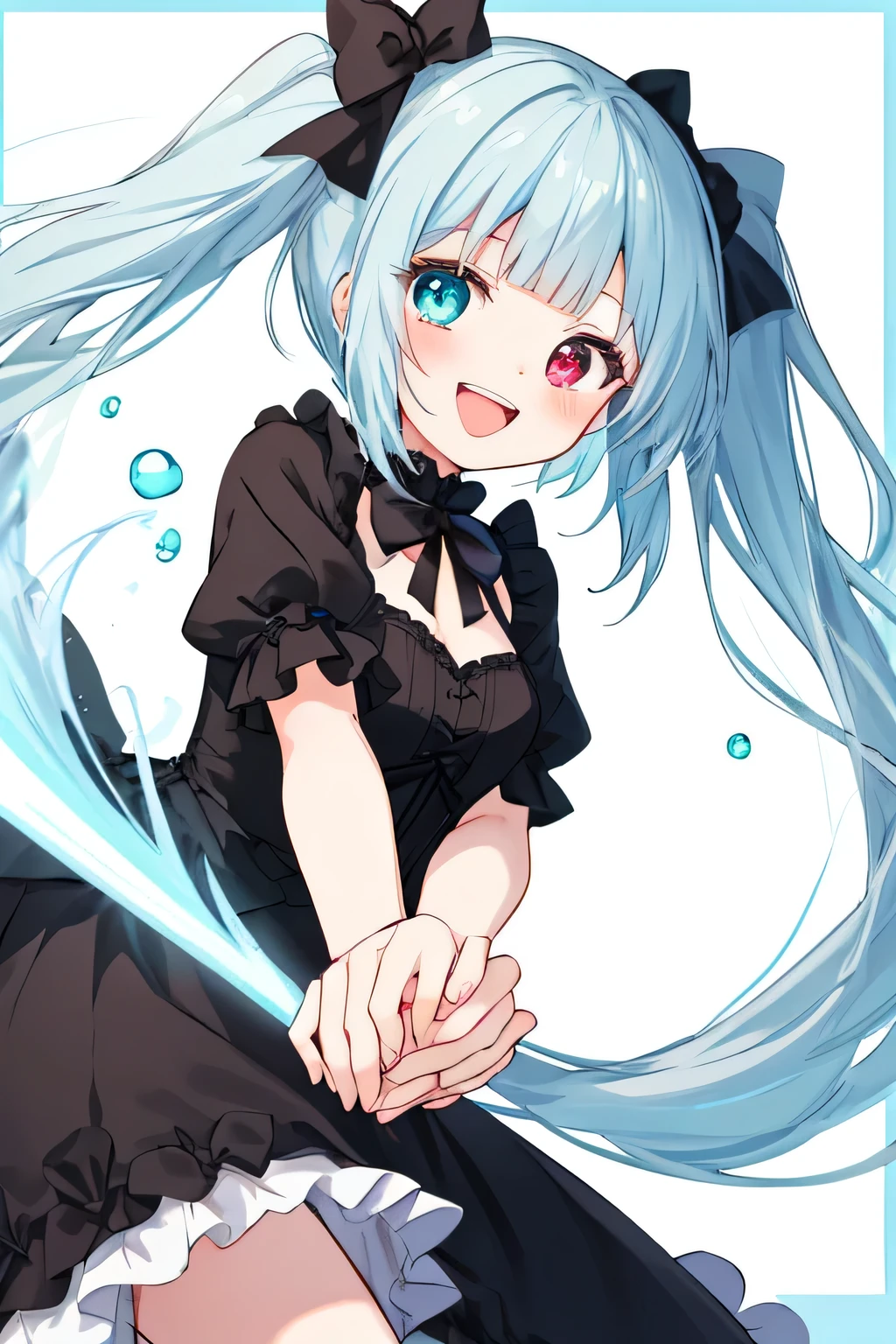clean anime outlines, Anime-style illustration of a cheerful young girl with light blue hair, twin tails, voluminous curled ends. She has blunt bangs cut evenly across her forehead. Her eyes are heterochromatic—one red and one gray.
She has a bright, open-mouthed smile, and her hands are delicately clasped together near her face in an excited pose. She wears a gothic-style black dress with subtle ruffles and a ribbon accent. The background is minimalistic and light-colored, emphasizing her charming and energetic aura.