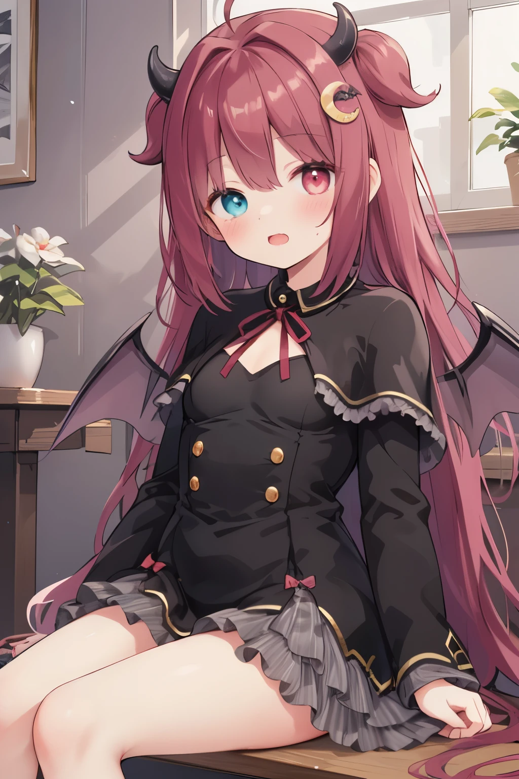 masterpiece, top quality ,   Detailed Details ,Cinema Light,cowboy standing in a natural position,calm red semi-long hair,(Right eye is blueくLeft eye is redです),(Right eye is blue、Left eye is red Odd Eye),((Left and right eyes are different )), (((x} wearing a cute black dress with a short cloak))),((Yuzuki Roa/Yumetsuki Roa))),(Right eye is blue、Left eye is red),(  detailed texture lighting) ,(((x} wearing a cute black dress with a short cloak))),(( shiny skin)),viewer details surface lighting ), Long Calm Red Hair,((bat feathers growing on my back)),has two small horns growing on her head,Crescent Hair Ornament on Her Head,perfect ratio for a big tavern,slim waist, Slender Body ,   beautiful body,medium sized breasts,big eyes, view from below,(naughty look,embarrassed face),(sitting),(Plump Camel Toe),(spread legs),((Yuzuki Roa/Yumetsuki Roa))),The background is a cute bedroom ,   Open Your Mouth and Laugh  ,x} wearing a cute black dress with a short cloak, pink lace panties are visible,Your ass is beautiful,