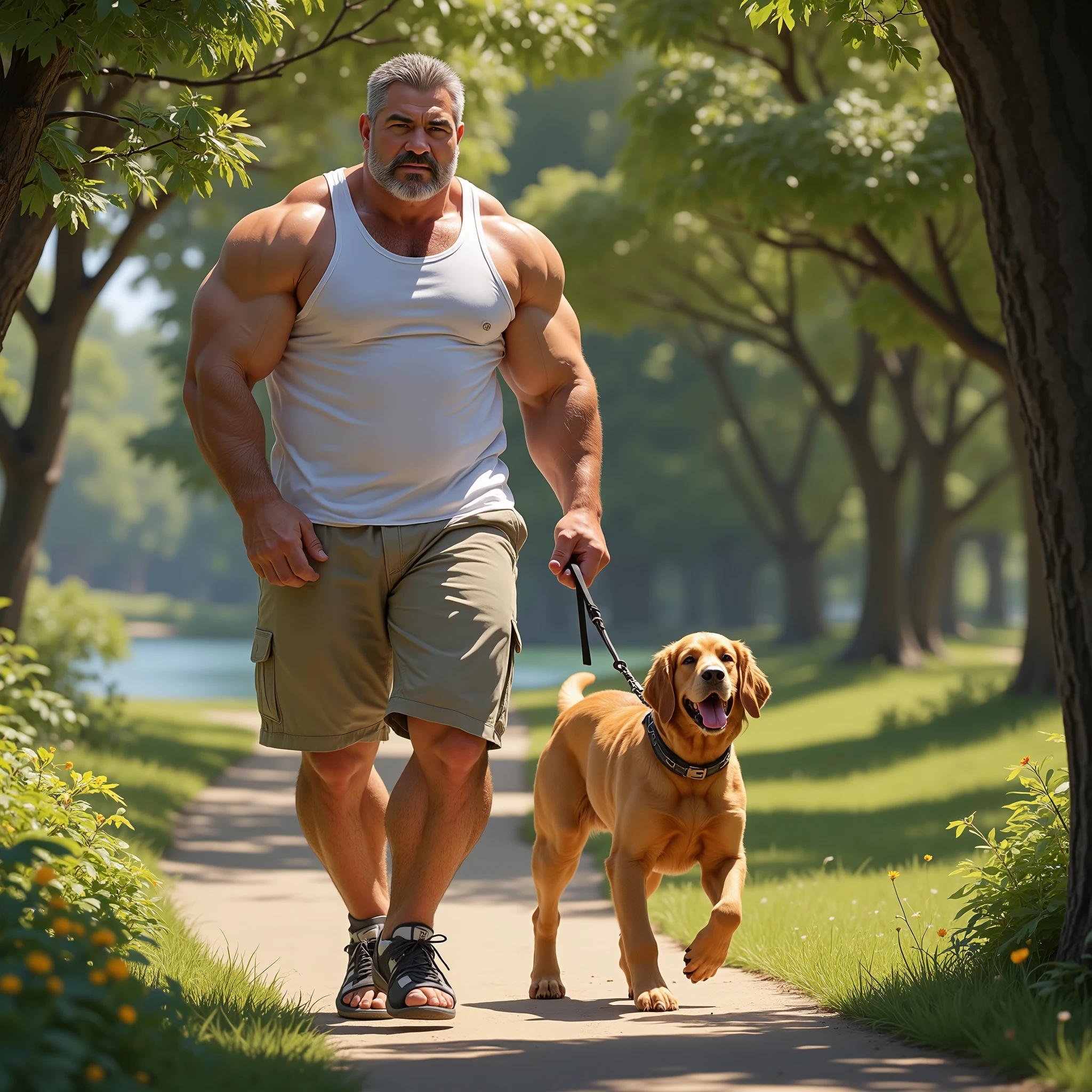 (highest quality:1.5), (masterpiece:1.5), 1 man, wild uncle Walking in the park with a big retriever dog, holding the dog's leash, tank top, light clothes, Hulk muscle male uncle, short hair, very short beard, hot guy, macho, Hulk muscle male uncle, Slightly fat, 40 years old, (photorealism:1.2), (full body shot : 1.5), side view, from side,