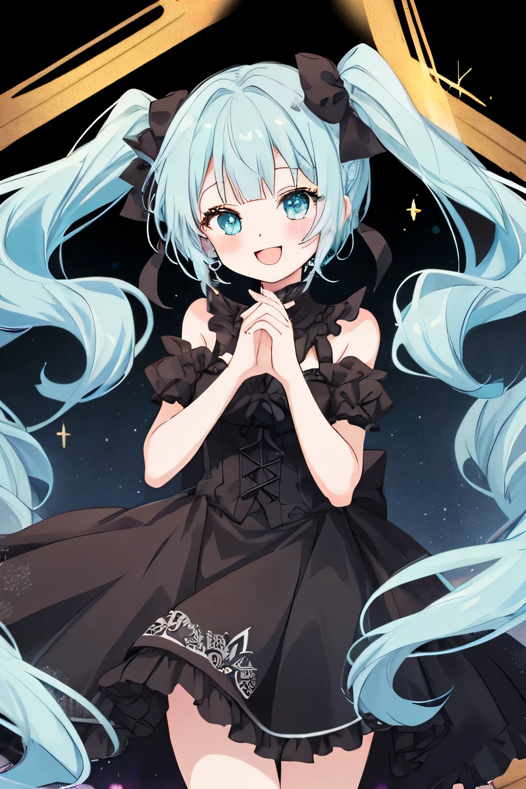 clean anime outlines, Anime-style illustration of a cheerful young girl with light blue hair, twin tails, voluminous curled ends. She has blunt bangs cut evenly across her forehead. Her eyes are heterochromatic—one red and one gray.
She has a bright, open-mouthed smile, and her hands are delicately clasped together near her face in an excited pose. She wears a gothic-style black dress with subtle ruffles and a ribbon accent. The background is minimalistic and light-colored, emphasizing her charming and energetic aura.