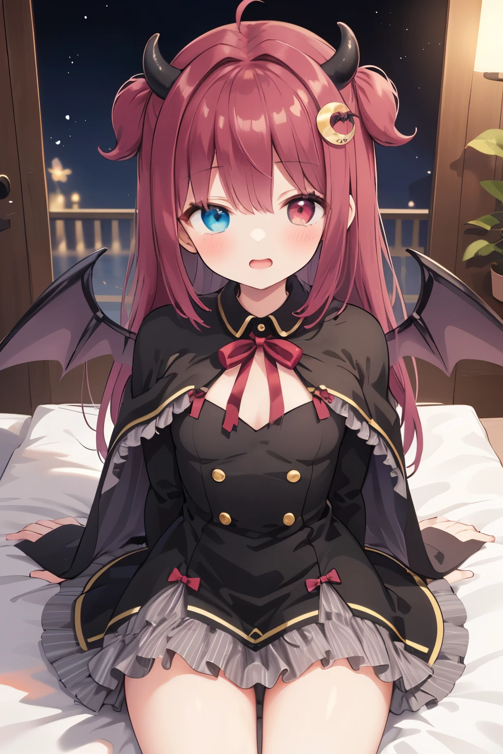masterpiece, top quality , Detailed Details,Cinema Light,cowboy shot,Subdued red semi-long hair, no panties,(not wearing panties),(((right eye is blue and left eye is red),(The right eye is blue and the left eye is red Odd Eye))),((Your right and left eyes are different)), (((wearing a cute black dress with a short cape))),((yuzuki roa/Yumezuki Roa))),(The right eye is blue and the left eye is red),( detailed textured lighting) ,(((wearing a cute black dress with a short cape))),((shiny skin)),viewer detail surface lighting ), Calm red long hair,((Bat feathers growing on her back)),with 2 small horns growing on the head,crescent moon hair ornament on the head,perfect ratio,slim waist, slim body , beautiful body,middle size breasts,big eyes,view from below,(Mischievous expression,embarrassed face),(sitting),(plump camel toes),(spread your legs),((yuzuki roa/Yumezuki Roa))),The background is a cute bedroom ,open your mouth and smile,wearing a cute black dress with a short cape,Your butt looks good,not wearing panties, roll up a miniskirt on a ,crotch is wet,