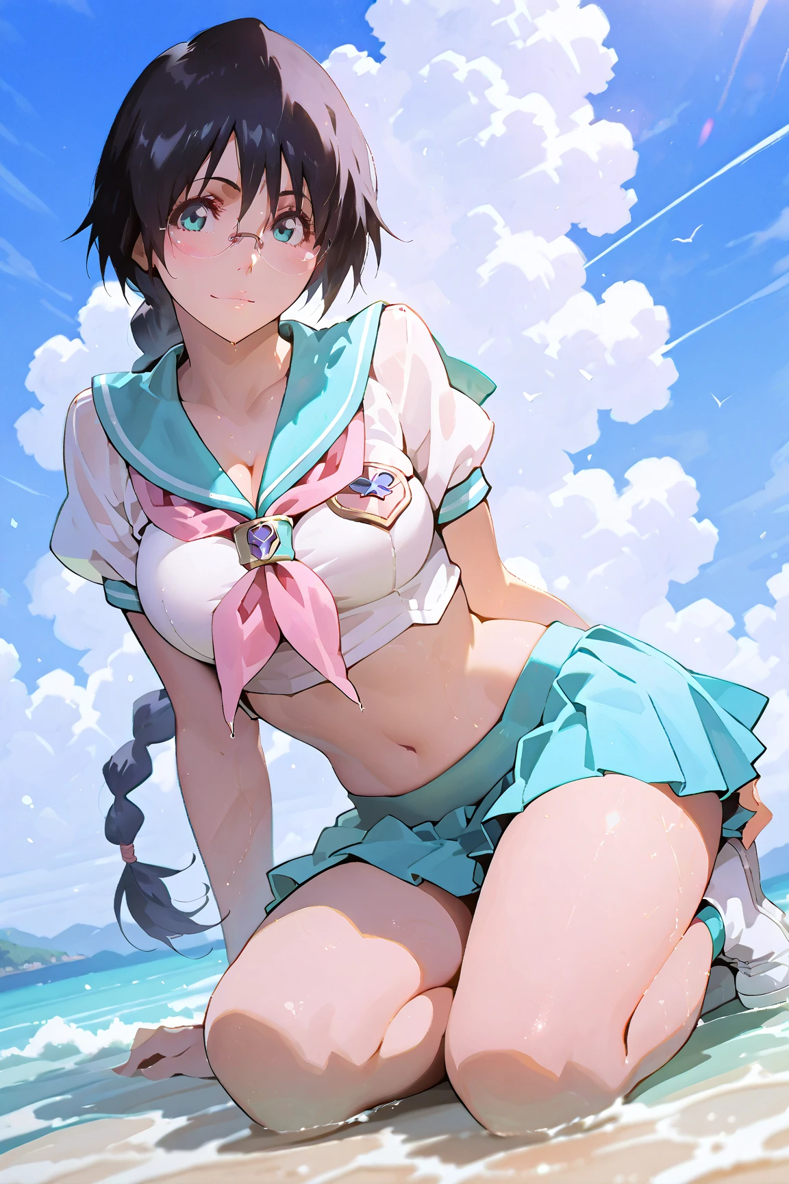 masterpiece, best quality, beautiful art, high resolution, well formed hands, body and fingers, 1 woman, solo, Sailor Mercury, blue makeup, sailor senshi uniform, elbow gloves, sailor collar, grown up, arabian belly dancer, adult, large and round breasted, cleavage, hair ribbon, full body, sexy and skimpy arabian belly dancer outfit , gorgeous legs and thighs ,ryona,in peril, she is defeated, knocked out, passed out, closed eyes, exhausted, unconscious, laying down on the sand, extended exposed body, full body on the sand, breathing heavily, sexy smirk on her face, bouncing breasts, sexy defeated pose, defeat and KO scene, fallen beauty, martial arts tournament with beach environment