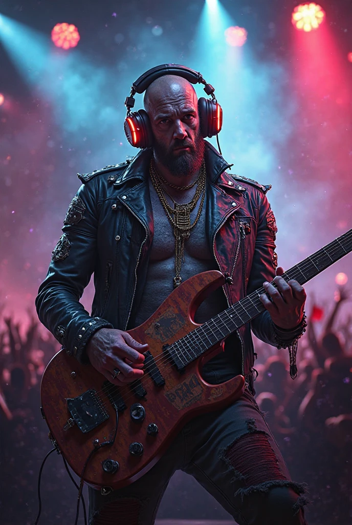 
"Create a hyper-detailed digital painting of Dr. Mundo from League of Legends reimagined as a hardcore rock and metal enthusiast. He is depicted as a muscular, scarred, and tattooed figure with a wild, intense expression. Dr. Mundo wears a black leather jacket adorned with metal spikes, chains, and distressed patches, combined with torn sleeves that evoke a rebellious style. Over his head, he sports oversized, vintage rock headphones that glow with neon accents. In one hand, he grips a battle-worn electric guitar, emitting a fierce energy. The background features a dynamic concert scene with dramatic stage lighting in deep red, blue, and purple hues, swirling smoke effects, and a blurred silhouette of an excited crowd. The overall atmosphere is dark, edgy, and epic—evoking the aesthetics of a legendary metal album cover. Use a cinematic composition with high contrast, intricate textures, and bold shadows to enhance the dramatic and rebellious mood."
  
Photo cover