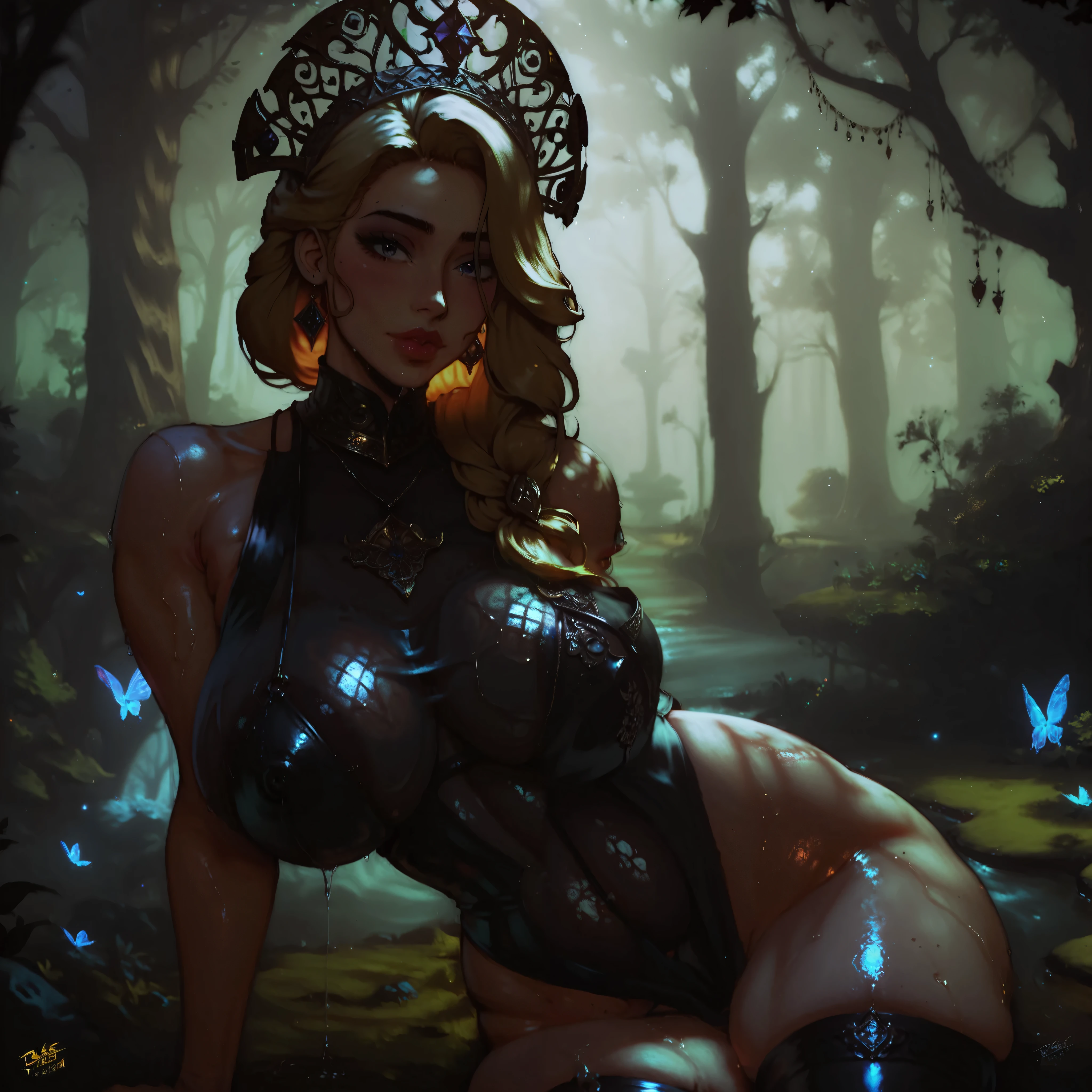 massive breasts, luscious thighs, wet oily skin, black latex, stylized as a traditional Slavic embroidered shirt, 1 elven girl, golden hair, detailed portrait, porcelain skin, intricate embroidered clothing, ornate headdress, magical glowing aura, enchanted forest background, warm golden lighting, cinematic composition, high detail, 4K, HDR, studio lighting, photorealistic, dramatic colors, rich color palette, fantasy illustration