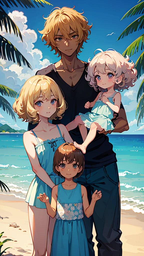 One Boy、One Mature Woman、Ocean水浴、Upper Body、Ocean、beach、laughing、Brown short hair boy、Blonde long woman、Big Breasts、Swimwear、bikini、