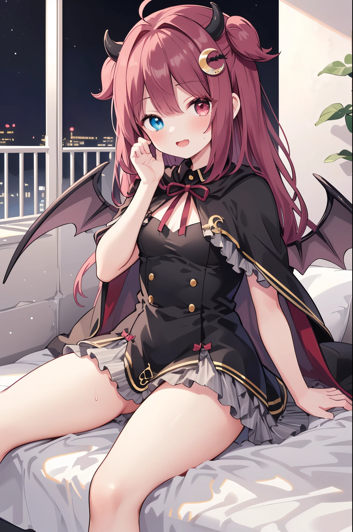 masterpiece, top quality , Detailed Details,Cinema Light,cowboy shot,Subdued red semi-long hair, no panties,(not wearing panties),(((right eye is blue and left eye is red),(The right eye is blue and the left eye is red Odd Eye))),((Your right and left eyes are different)), (((wearing a cute black dress with a short cape))),((yuzuki roa/Yumezuki Roa))),(The right eye is blue and the left eye is red),( detailed textured lighting) ,(((wearing a cute black dress with a short cape))),((shiny skin)),viewer detail surface lighting ), Calm red long hair,((Bat feathers growing on her back)),with 2 small horns growing on the head,crescent moon hair ornament on the head,perfect ratio,slim waist, slim body , beautiful body,middle size breasts,big eyes,view from below,(Mischievous expression,embarrassed face),(sitting),(plump camel toes),(spread your legs),((yuzuki roa/Yumezuki Roa))),The background is a cute bedroom ,open your mouth and smile,wearing a cute black dress with a short cape,Your butt looks good,not wearing panties, roll up a miniskirt on a ,crotch is wet,