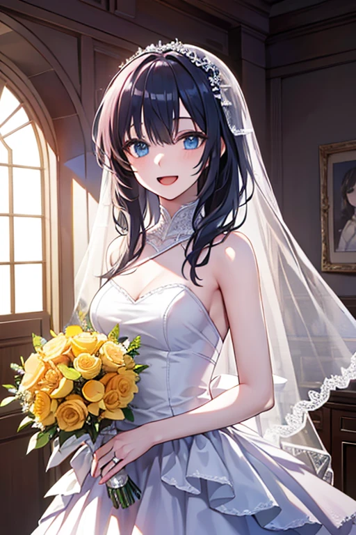 (looking at viewer:1.5),Upper Body,Holding a bouquet、
Realistic, real person, (pale skin: 1.2), RAW photo, photorealistic, shiny skin, shiny hair、
(A 25-year-old woman with medium-length hair and bangs) and (wavy hair) and (brown hair) and (orange eyes:1.5) 、
(tearful:1.3),(smile:1.5)、open mouth,White Wedding Dress、The background is inside the restaurant