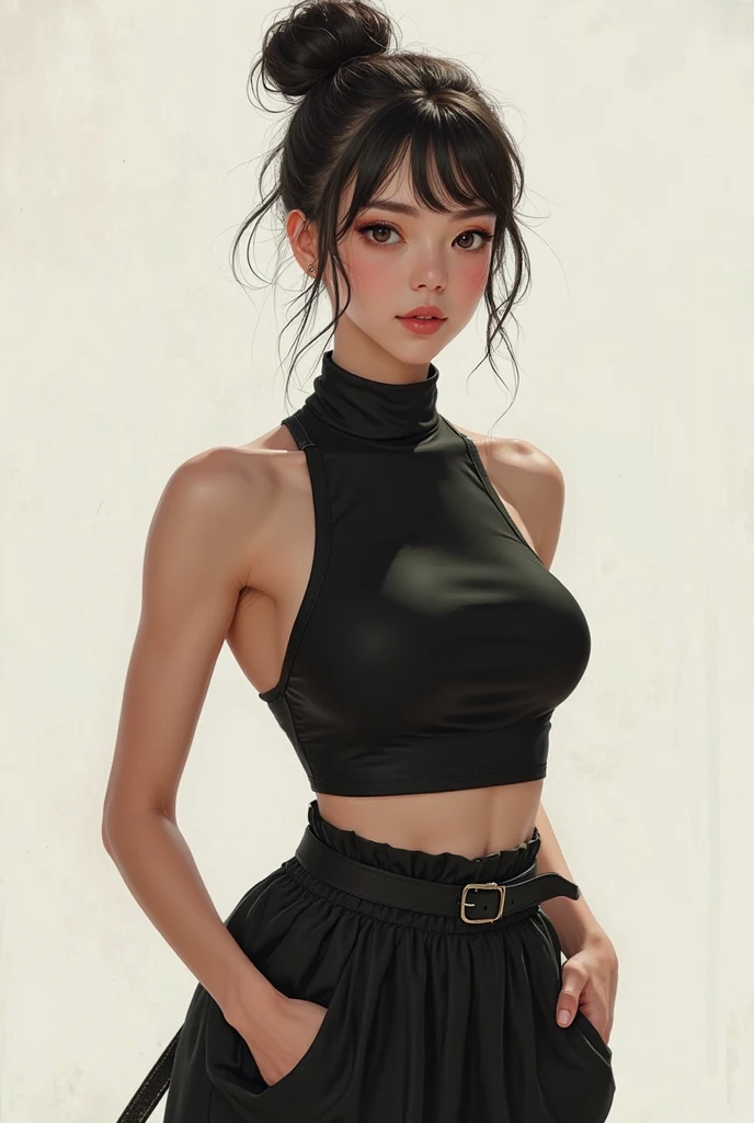 girl, bangs, bare shoulders, black pants, breasts, breasts squeezed together, gray background, hair between eyes, long hair, view viewer, pants, parted lips, red eyes, shirt, simple background, sleeveless, sleeveless shirt, solo, turtleneck sweater, v-arms, gray hair, (shiny skin), (Masterpiece: 1.4), (Best Quality: 1.4) Facigirl, Red Lips, Perfect Abs, Navel, (: 1.5), (Clear Areola), Huge, Real Sweat, Greasy, Full Body, Appropriate Posture