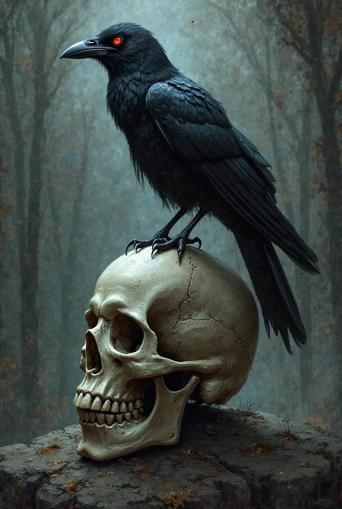 Raven, horror art, Dark, dangerous, worrying, oil painting, canvas, sits on old skull