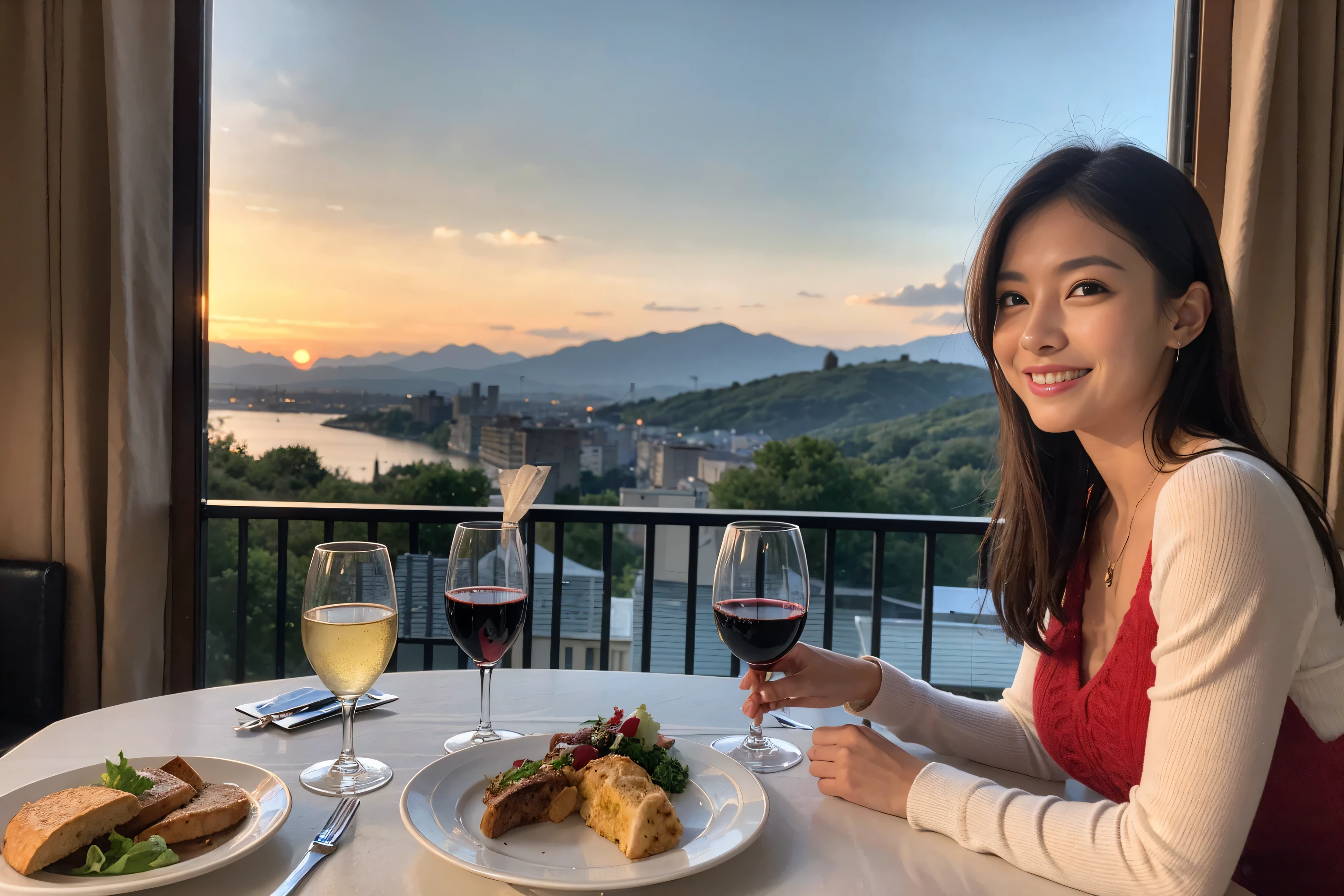 （Realistic:1.1）,(masterpiece,Highest quality)，8k,(49 years old), 53 years old, ベリーslimボディ、slimカップル、Tight waist,Upper Body,full-course dinner、wine 、Amazing view of the sunset sky and clouds、Perfect Anatomy, Brown Hair, short hair,Random Hairstyles,((Highly detailed face and eyes:1.2))，Perfect golden ratio face，Long sleeve shirt、dress,(smile:1.2)、Shortcuts、cute、(Realistic, Intricate details:1.2), A bright smile、short hair,Bright Face、赤wine 、Appetizers、Italian food、wine bottle、Champagne、スパークリングwine、(slimな顔), (The body is slim), (Brown Hair), (Shortcuts),  Upper Body, 白wine, slim, wineグラス, 