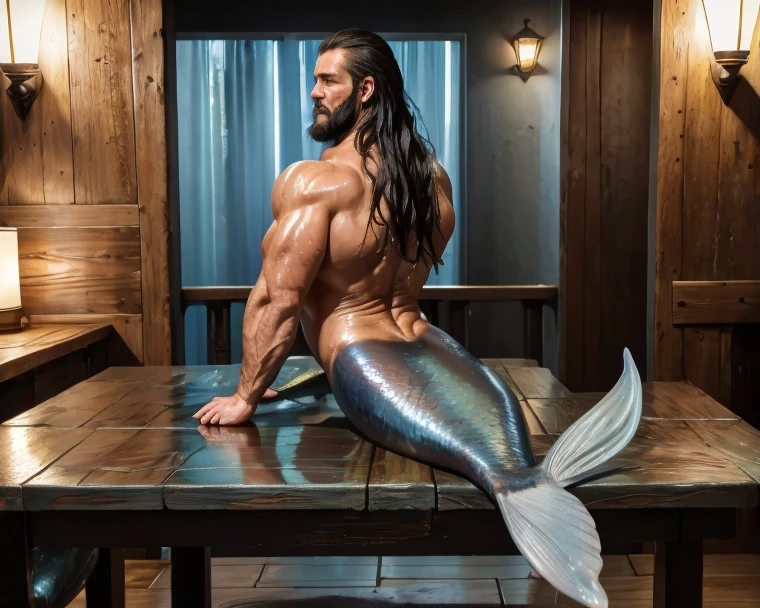 ((Best Quality, 8K, ultra-detailed, Masterpiece: 1.3)), 1boy, shiny skin, sharp, Perfect Body Beauty, realistic shaded perfect body, cute baby face,mascle, a handsome man, long hair, 45 years old, scar on his face, facial hair ("micro bikini, big bulge ":1.2),(dynamic pose:1.1), thigh