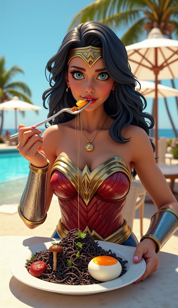 superwoman (mary batson),dark skin, black eyes, black hair, bangs, ponytail, choker, jewellery, black leotard, elbow gloves, muscular, looking at viewer, serious, furrow brow, close up, 
eating a ice cream cone, strawberry ice cream, indoors, extreme detail, masterpiece, beautiful quality,  <lora:superwoman_(mary_batson):.8>