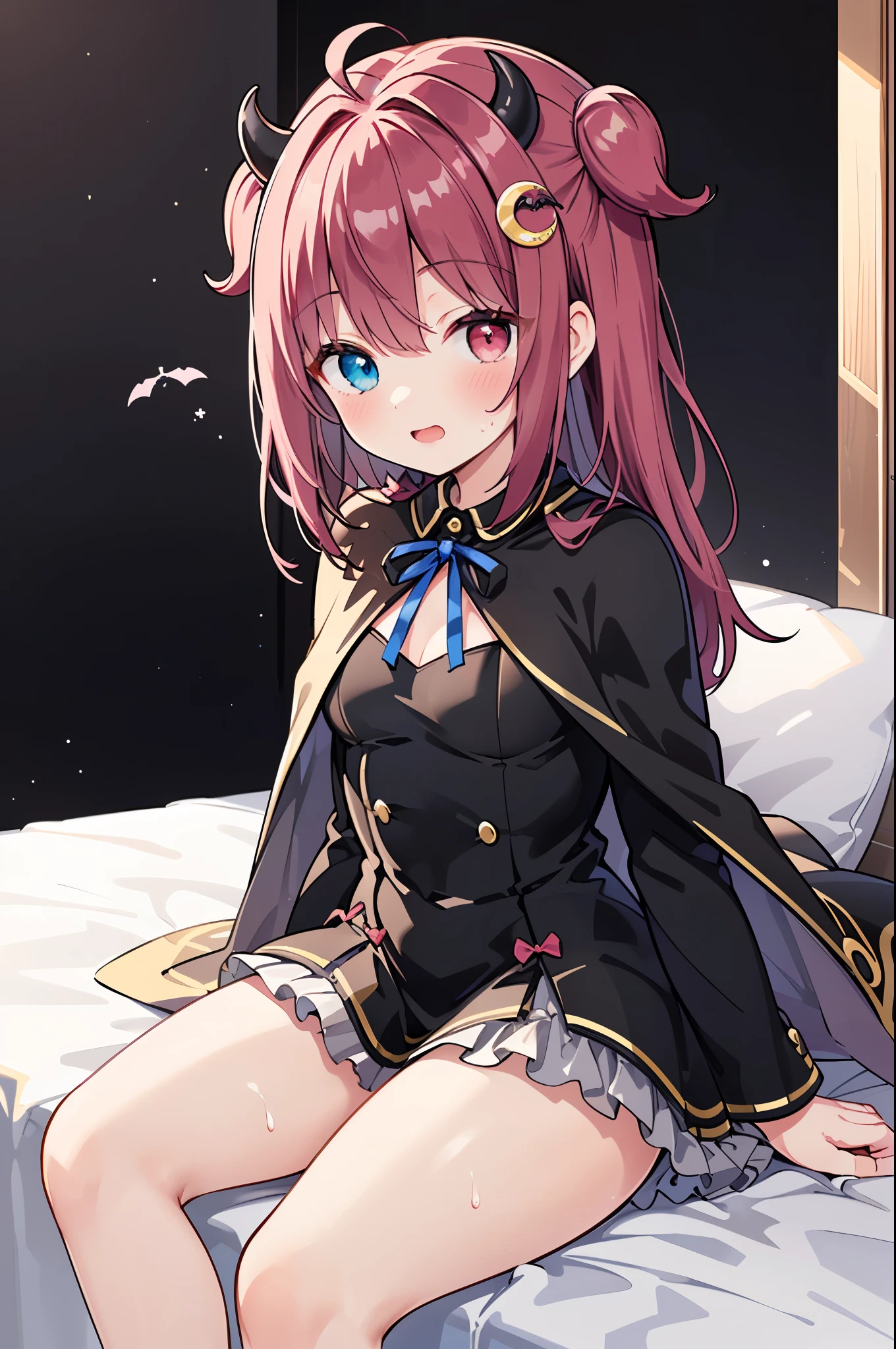 masterpiece, top quality ,  Detailed Details,Cinema Light,cowboy shot,Subdued red semi-long hair, no panties,(not wearing panties),(((right eye is blue and left eye is red),(The right eye is blue and the left eye is red Odd Eye))),((Your right and left eyes are different)), (((wearing a cute black dress with a short cape))),((yuzuki roa/Yumezuki Roa))),(The right eye is blue and the left eye is red),( detailed textured lighting) ,(((wearing a cute black dress with a short cape))),((shiny skin)),viewer detail surface lighting ), Calm red long hair,((Bat feathers growing on her back)),with 2 small horns growing on the head,crescent moon hair ornament on the head,perfect ratio,slim waist, slim body ,  beautiful body,middle size breasts,big eyes,view from below,(Mischievous expression,embarrassed face),(sitting),(plump camel toes),(spread your legs),((yuzuki roa/Yumezuki Roa))),The background is a cute bedroom ,open your mouth and smile,wearing a cute black dress with a short cape,Your butt looks good,not wearing panties, roll up a miniskirt on a ,crotch is wet,
