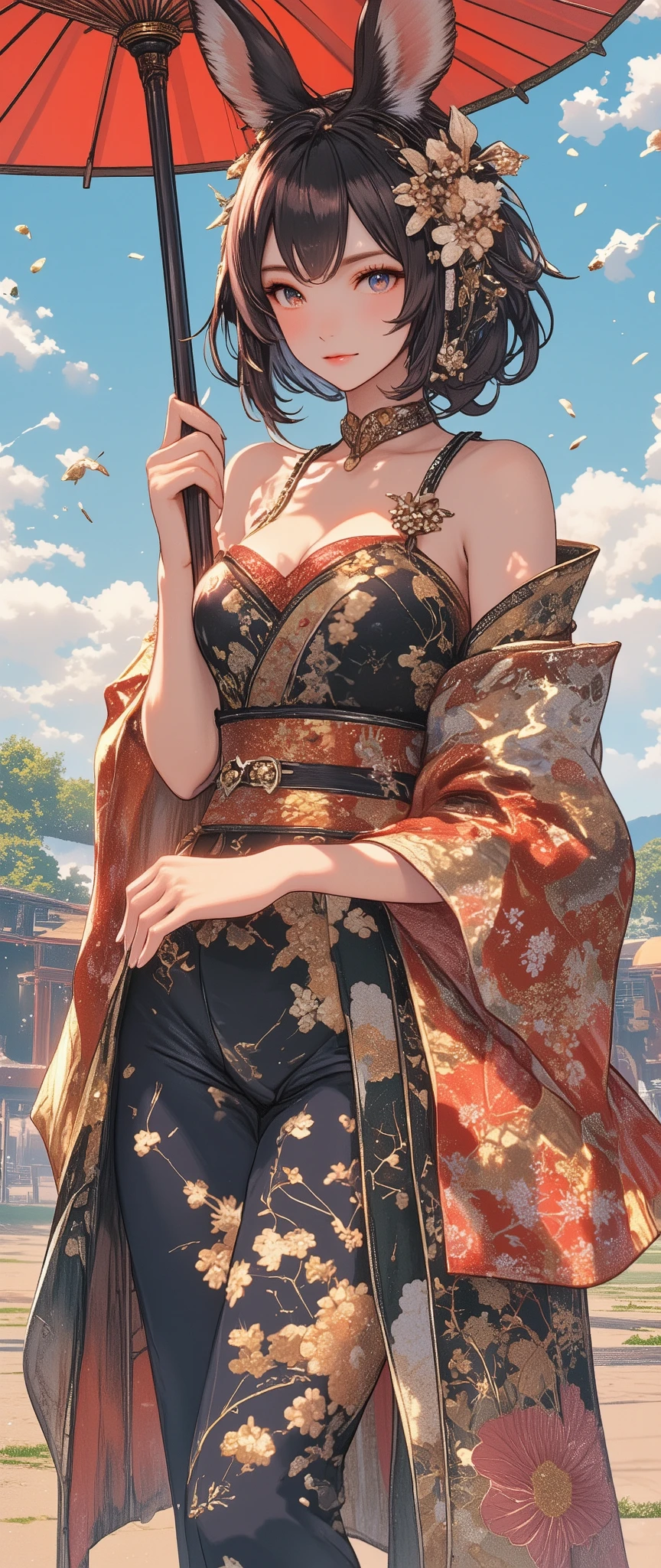 a solo sexy Viera Woman holding a Japanese umbrella , Nishijin Textile Kimono , Japanese painting style, beautiful anime style portrait, Extra , detailed portraits of anime girls , Beautiful Anime Portrait , beautiful anime women , digital Animation illustration, Anime Style Portrait , Additional Art ,realistic, (Beautiful Anime Girl Showing Naked Skin, large breasts, huge breasts, big breasts, uplifted breasts, well-defined breasts, Busty、deep cleavage)、anime style digital art , Animation illustration, , Navy Blue Kimono , Background is Sakura Fubuki