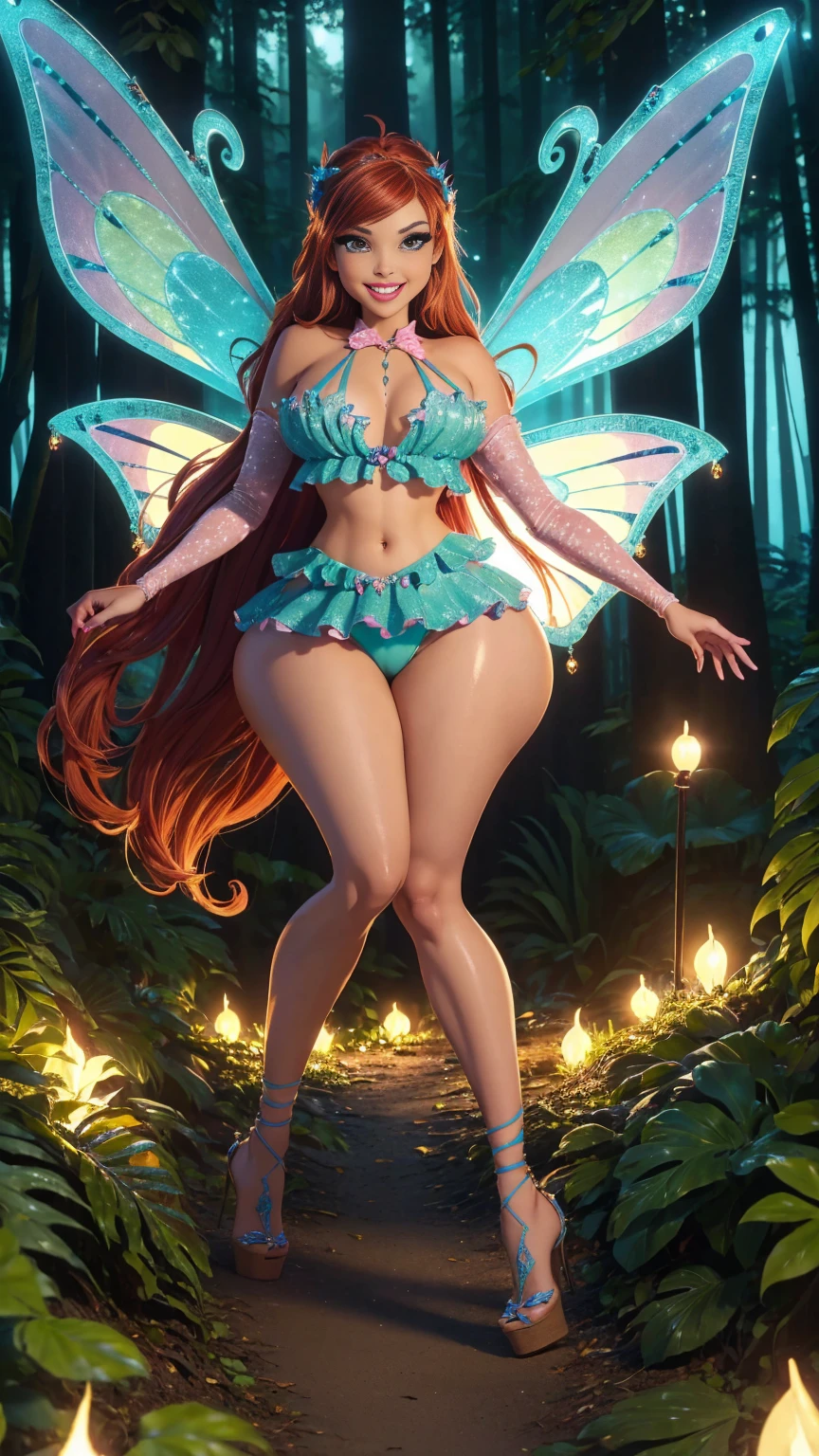 There is a fairy by a lake, , butterfly wings, wearing blue lace lingerie, Red hair , Long and curved hair, normal size breast, very detailed skin, Realistic Scene, sunset