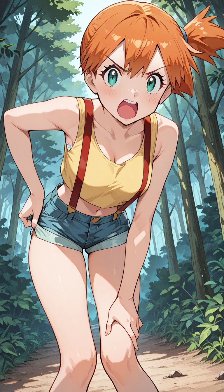 misty, BREAK, 1girl, solo, side ponytail, yellow tank top, suspenders, denim shorts, 
masterpiece, best quality, newest, absurdres, highres, outdoor, forest, looking at viewer, angry, open mouth, leaning forward, pulled down shorts, (slip suspenders), white panties, HD panties
