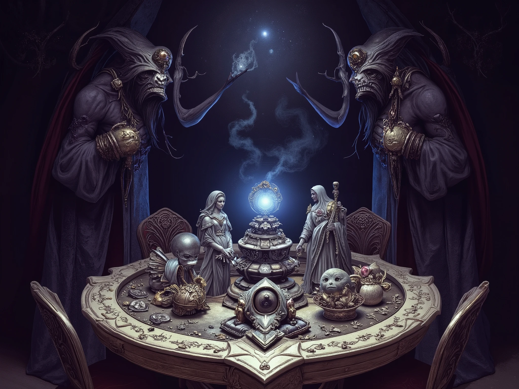 witchcraft magic, without a person, modern witchcraft, witchcraft table, magical power energy, witch attributes and figurines, Magic symbols , 8k, mystical atmosphere, magical atmosphere, ultra details,