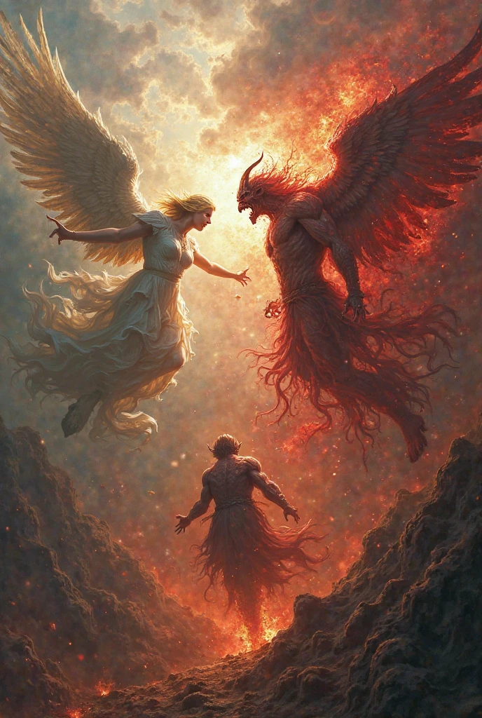 Who wins the fight between angels and demons? Hate and love scene between the naked elemental beings showing genitalia... A solar eclipse and sky red in blood, there are two dominant forces between heaven and earth, twilight is on fire and the trumpet of the seventh angel of the apocalypse appears as thunder echoing in the wind! Hatred is confused with love and beings without clothes have like fire having Whoops! Who will be the victor, good or evil? 64k, detailed, high definicion, ultra resolution, Fujifilm XT3, Dark ilumination, --auto --s2