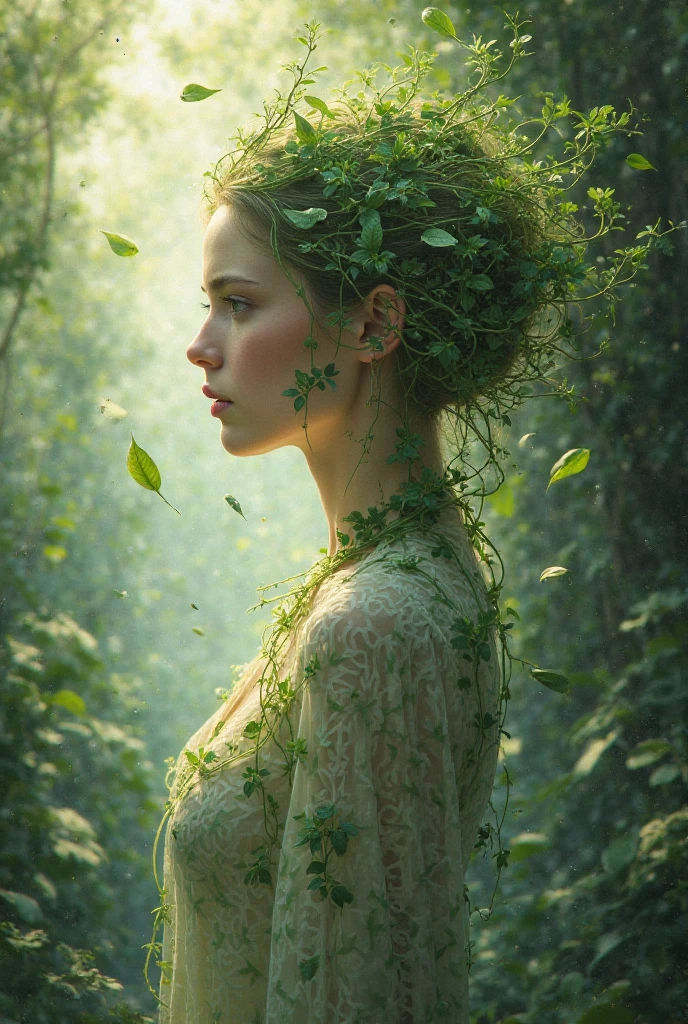 A human lady green leaves dance in jungle on a cup 