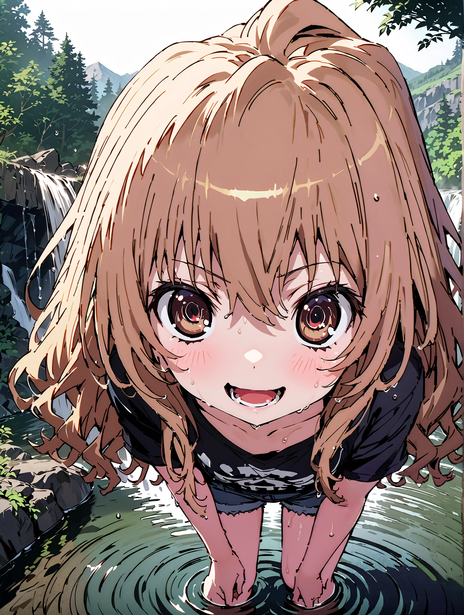score_9, score_8_up, score_7_up, source_anime,
Taigaisaka, Aisaka Taiga, long hair, brown hair, brown eyes,ponytail,smile,open your mouth,plain black t-shirt,belly button sticking,denim micro shorts,Bare legs,wet skin,wet hair, wet clothes,is standing,river,Mountain,forest,waterfall,river遊び, playing in the water,full bodyがillustration for both eyesに入るように,
break outdoors, nature,
break looking at viewer,full body,
break (masterpiece:1.2), top quality, High Resolution, Unity 8K Wallpaper , (illustration for both eyes:0.8), (Beautiful Detailed Eyes:1.6), very detailed face, perfect lighting, highly detailed CG, (perfect hand, perfect anatomy),