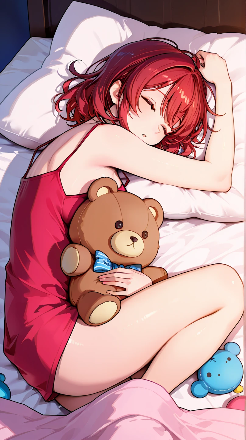 A  woman, wear a colourful radiant lycra tank top is sleeping in her bed. Her cozy bedroom filled with soft lighting and a collection of colorful plush toys arranged neatly on a bed. The scene feels warm and inviting, with a giant teddy bear as the centerpiece, surrounded by smaller stuffed animals. The plush toys have different textures, from fluffy to velvety, and some have embroidered details. The atmosphere is nostalgic and comforting, perfect for a hood memory or a collector’s dream.