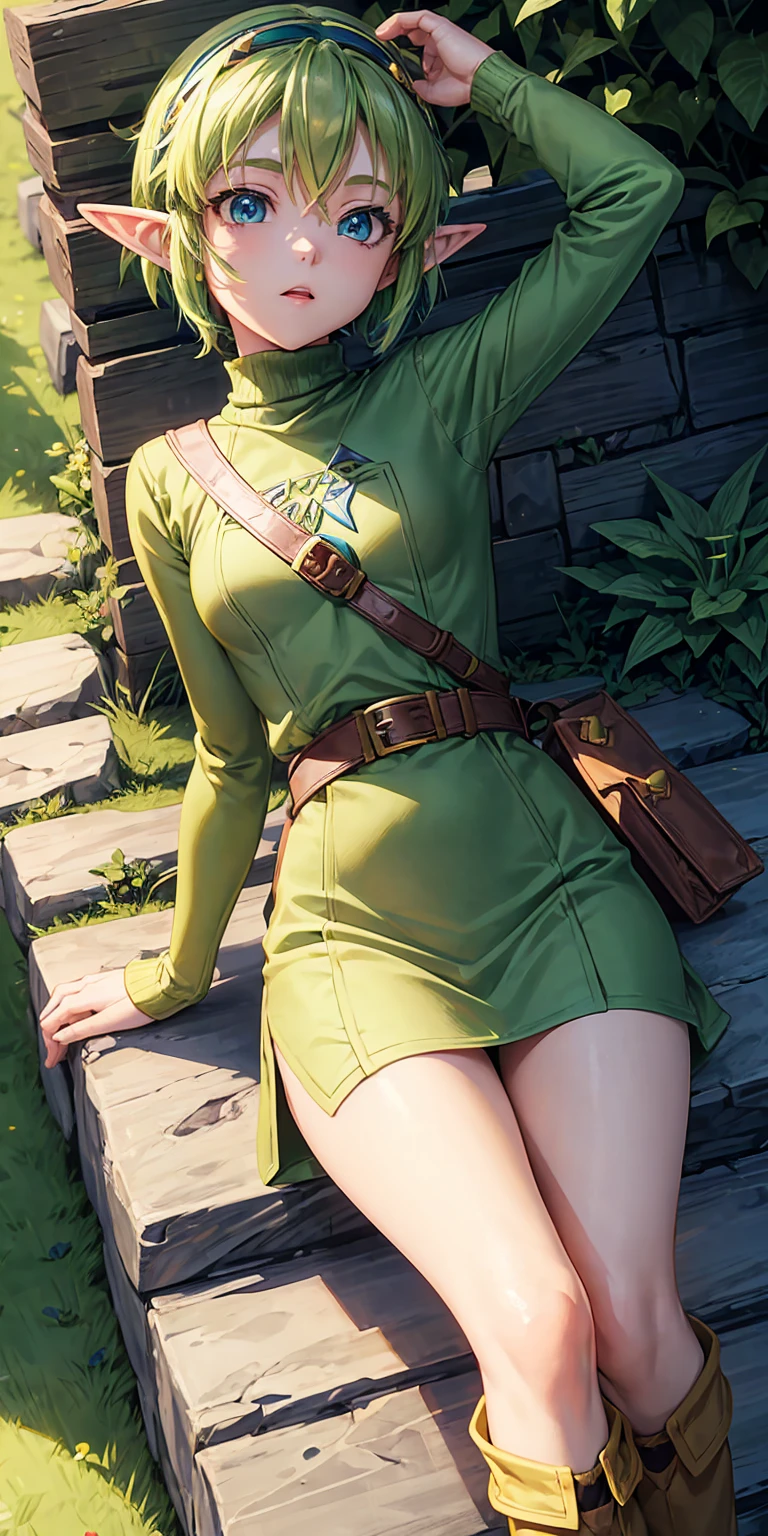 A fierce and independent ranger (anime waifu) with short green hair and piercing green eyes, who lives a life of adventure in the wild
