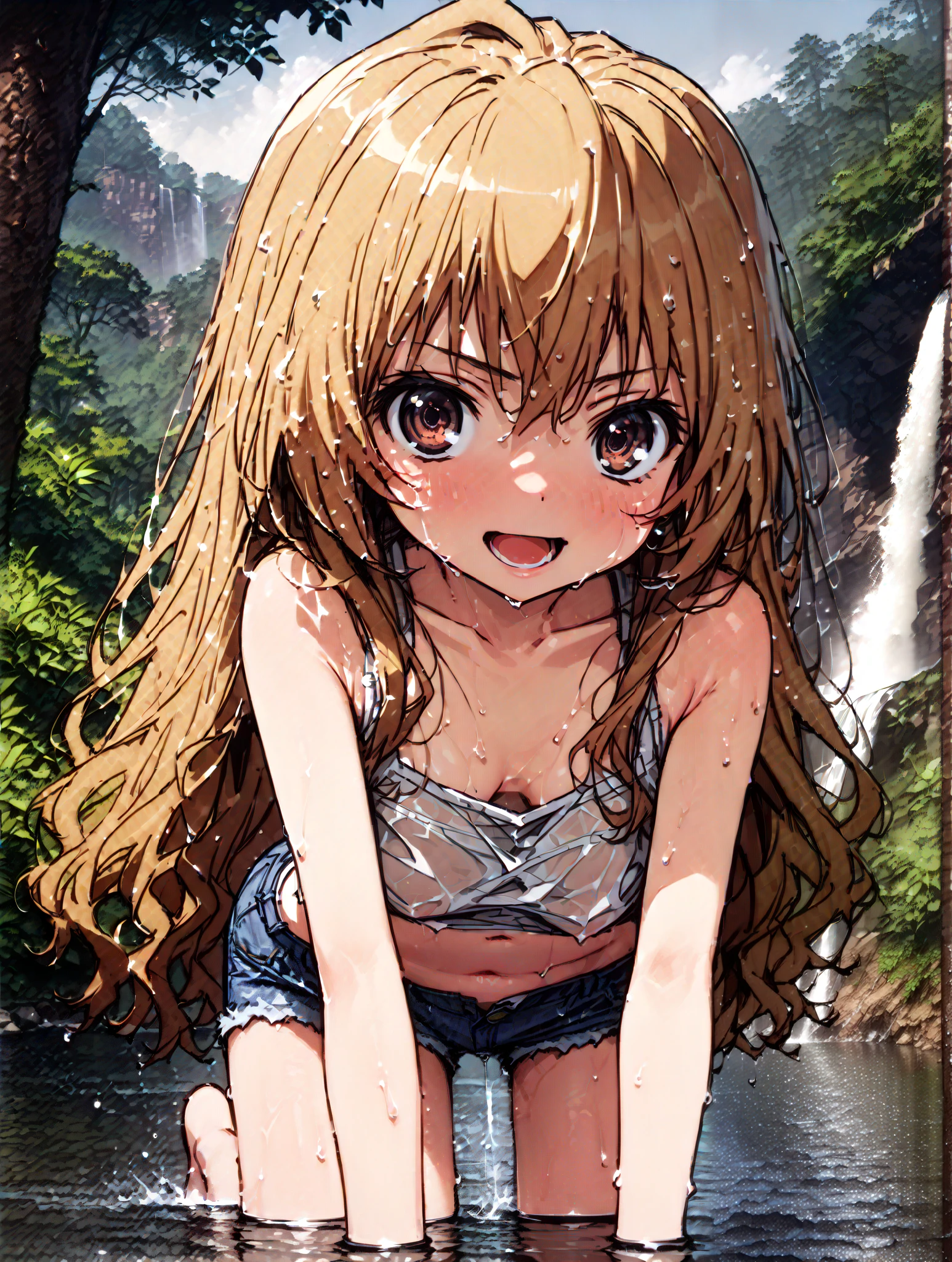 score_9, score_8_up, score_7_up,  source_anime,
Taigaisaka, Aisaka Taiga, long hair, brown hair, brown eyes,ponytail,smile,open your mouth,plain black t-shirt,belly button sticking,denim micro shorts,Bare legs,wet skin,wet hair, wet clothes,is standing,river,Mountain,forest,waterfall,river遊び, playing in the water,full bodyがイラストに入るように,
break outdoors, nature,
break looking at viewer,full body,
break (masterpiece:1.2),top quality , kampala, Unity 8K Wallpaper ,(shape:0.8),(  fine, beautiful eyes  :1.6),It's a person ,full body写真,CG Details , (perfect hands with full nudity, complete anatomy),
