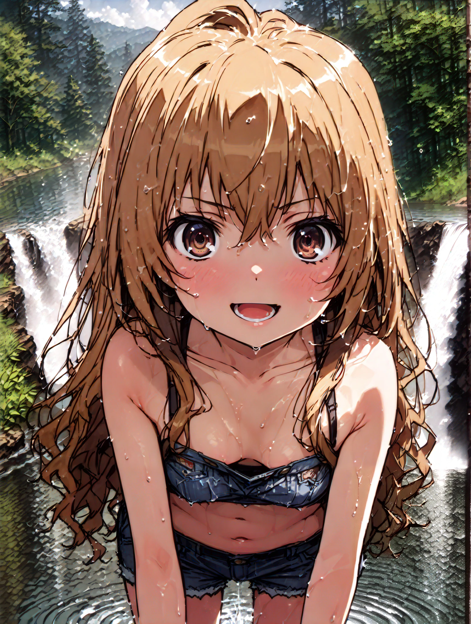 score_9, score_8_up, score_7_up, source_anime,
Taigaisaka, Aisaka Taiga, long hair, brown hair, brown eyes,ponytail,smile,open your mouth,plain black t-shirt,belly button sticking,denim micro shorts,Bare legs,wet skin,wet hair, wet clothes,is standing,river,Mountain,forest,waterfall,river遊び, playing in the water,full bodyがイラストに入るように,
break outdoors, nature,
break looking at viewer,full body,
break (masterpiece:1.2),top quality , kampala, Unity 8K Wallpaper ,(shape:0.8),( fine, beautiful eyes :1.6),It's a person ,full body写真,CG Details , (perfect hands with full nudity, complete anatomy),